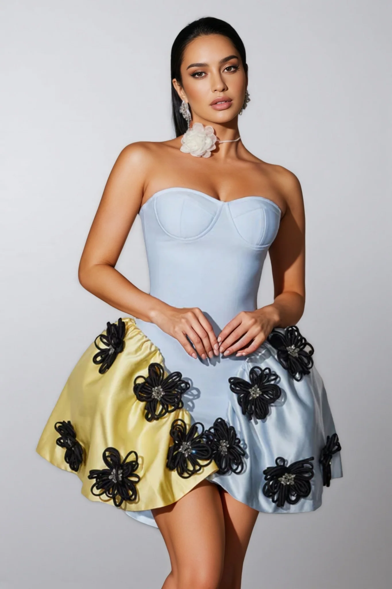 Roland Strapless Flower Bandage Mini Dress