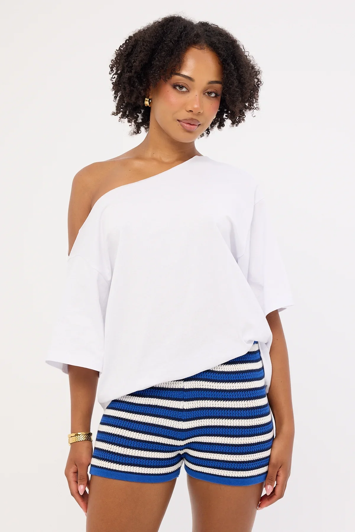 Perfect Stranger Dawn Crochet Mini Shorts Blue Stripe