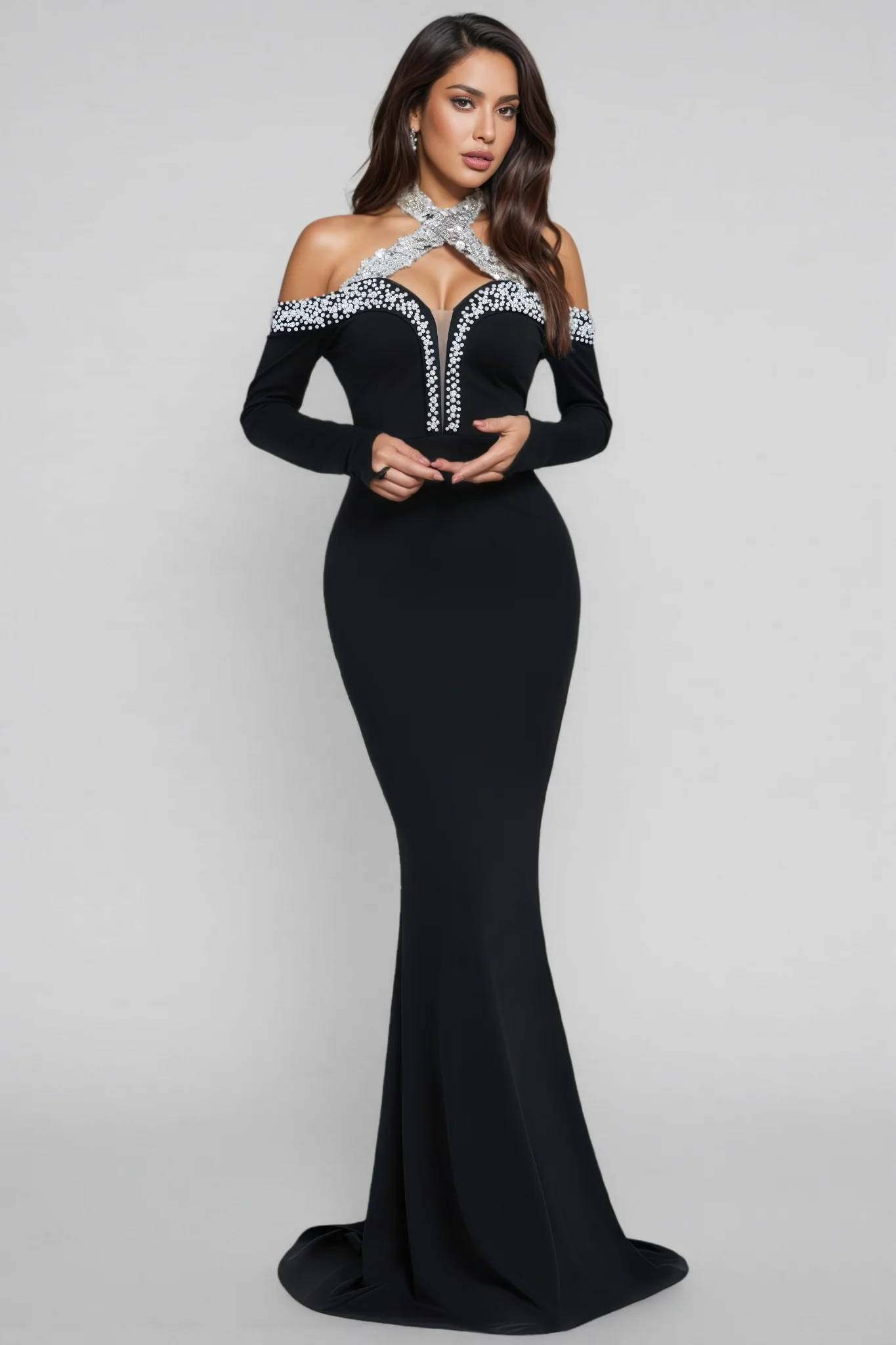 Hyxra Diamond Studded Fishtail Maxi Dress