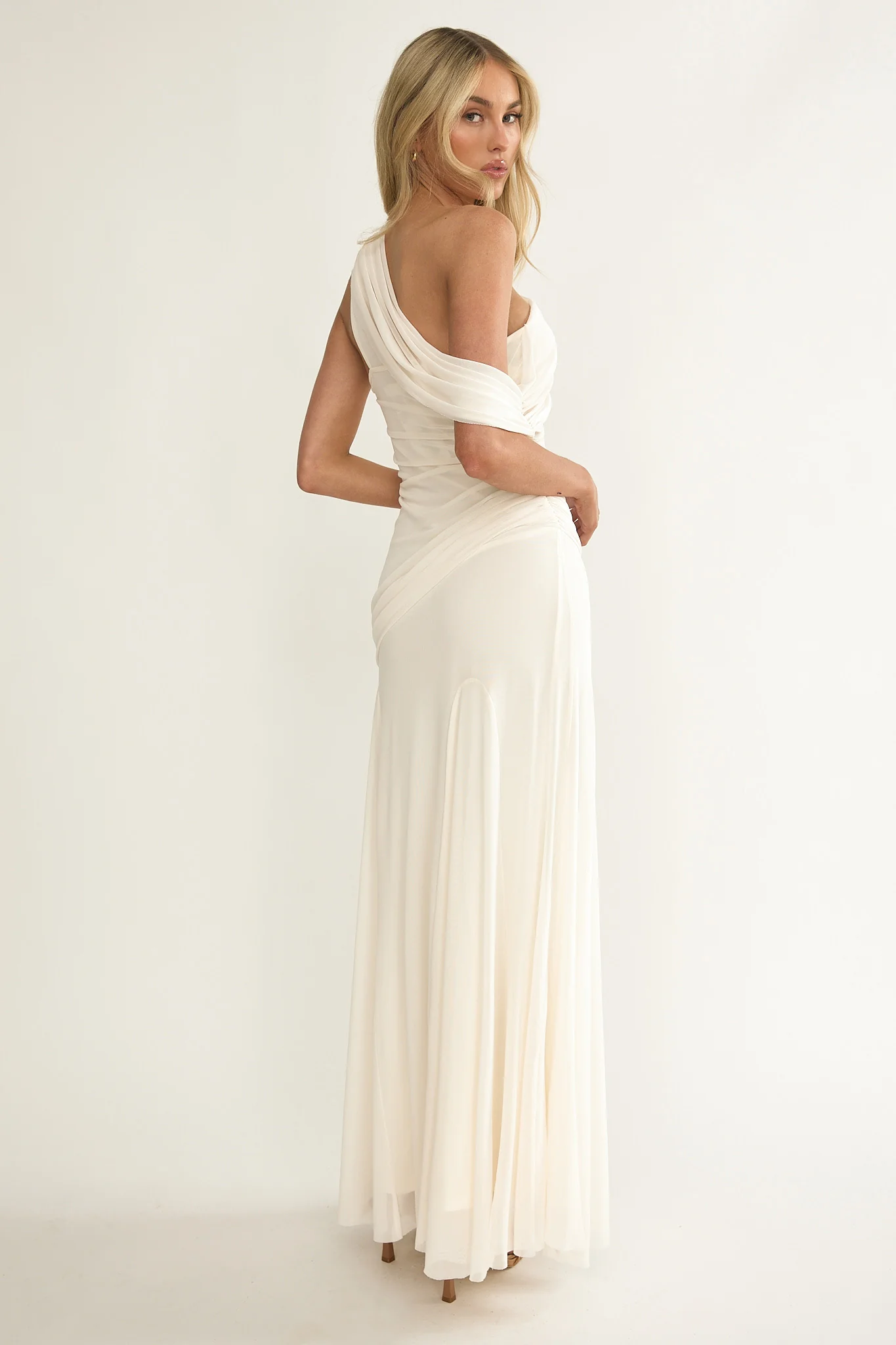 Anaisa Asymmetric Neckline Draped Maxi Dress Oyster