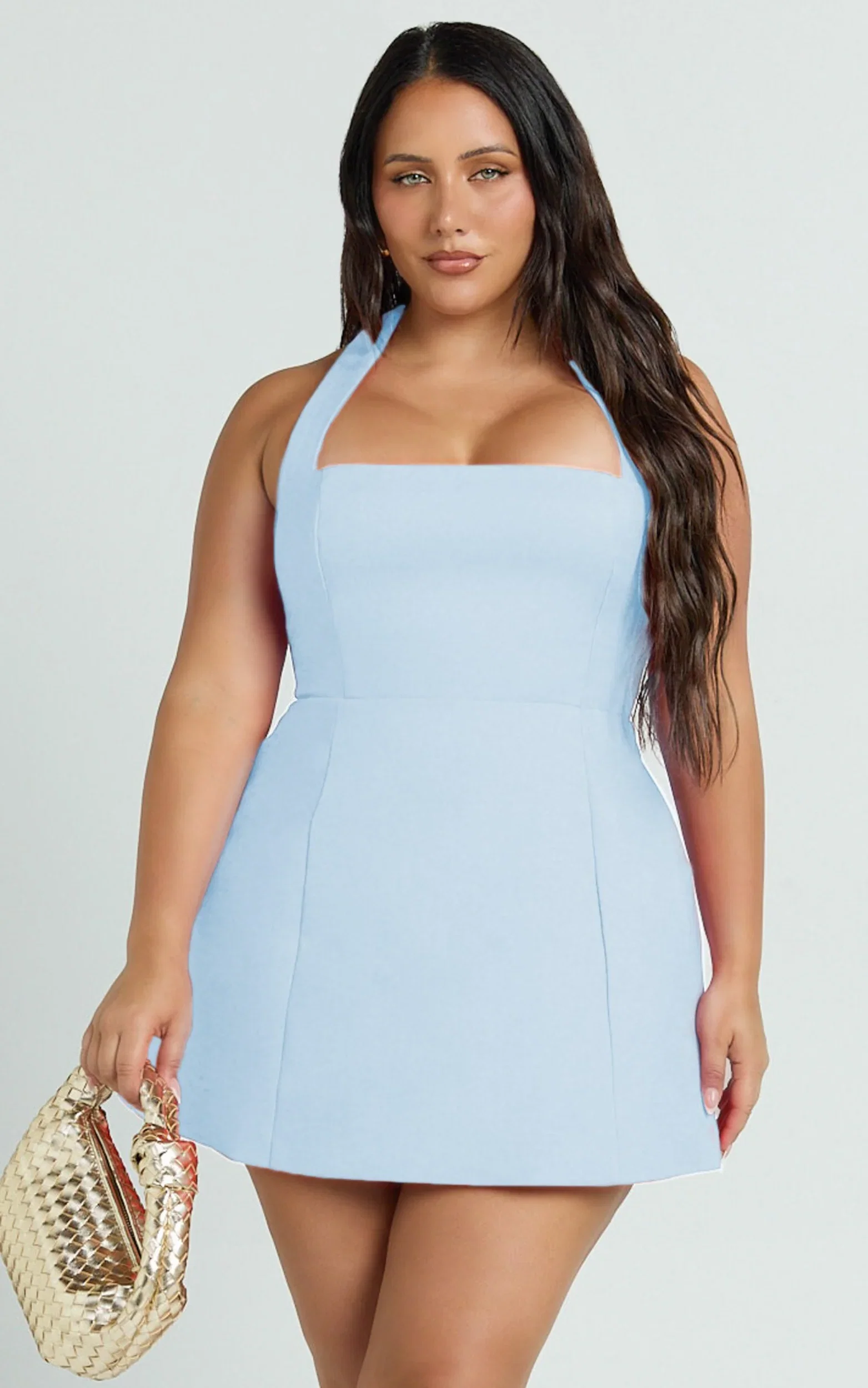 Dante Mini Dress - Halter Neck Tie Tulip Skirt Dress in Soft Blue