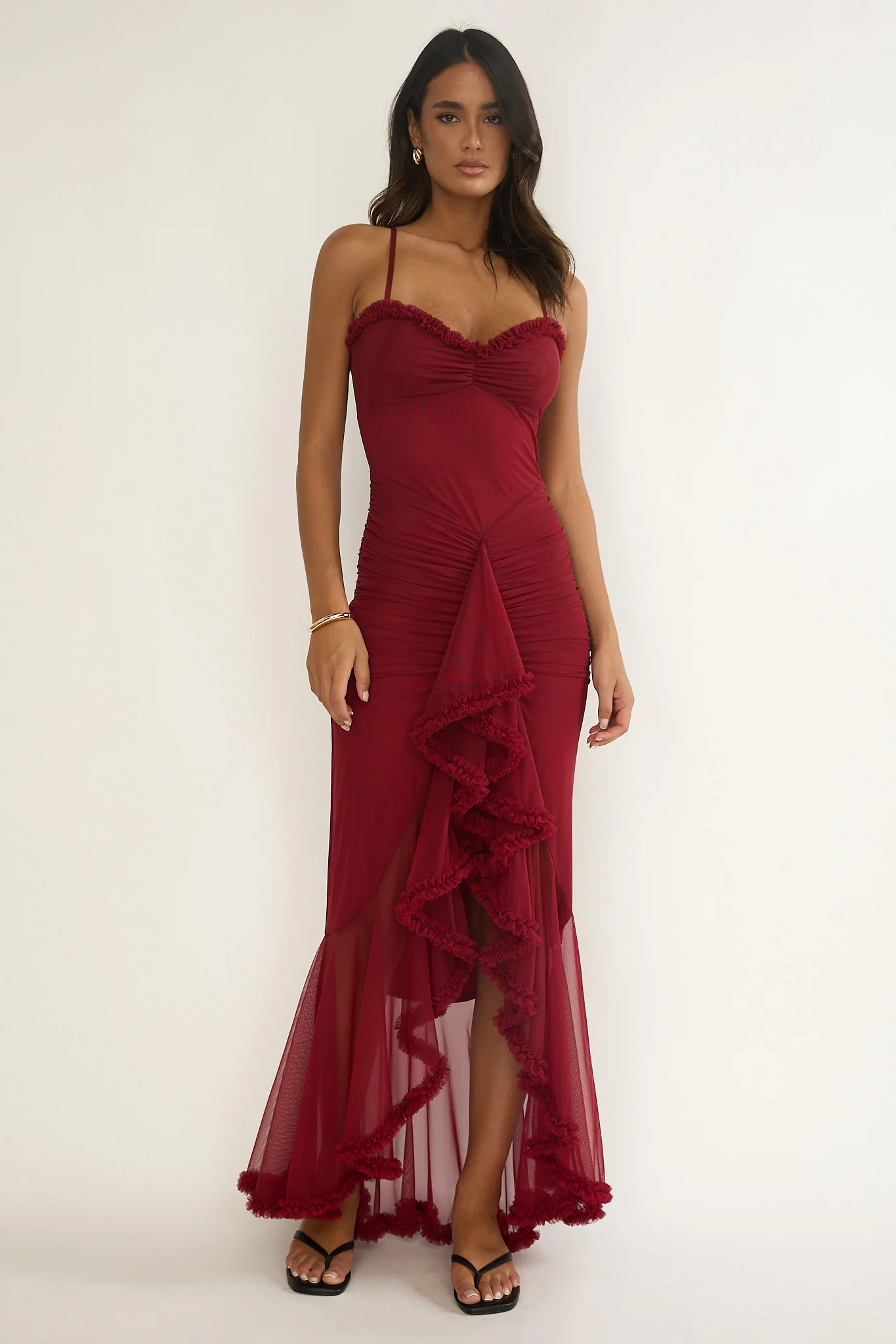 Noelia Gathered Waist Frill Trim Maxi Dress Wine