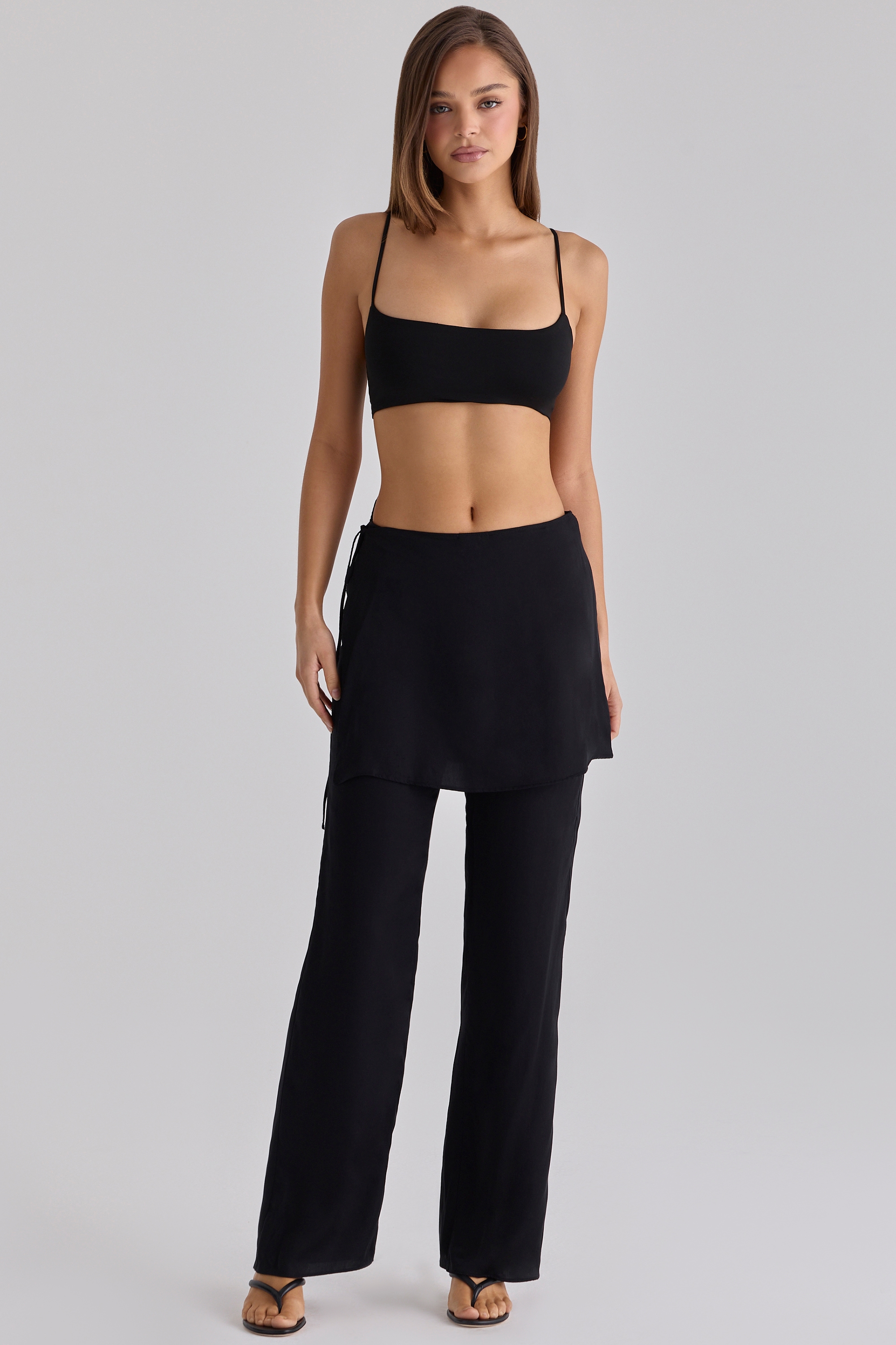 black sateen trousers with over skirt