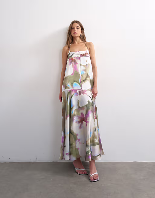 Topshop satin seamed maxi dress with piped edges in painterly floral