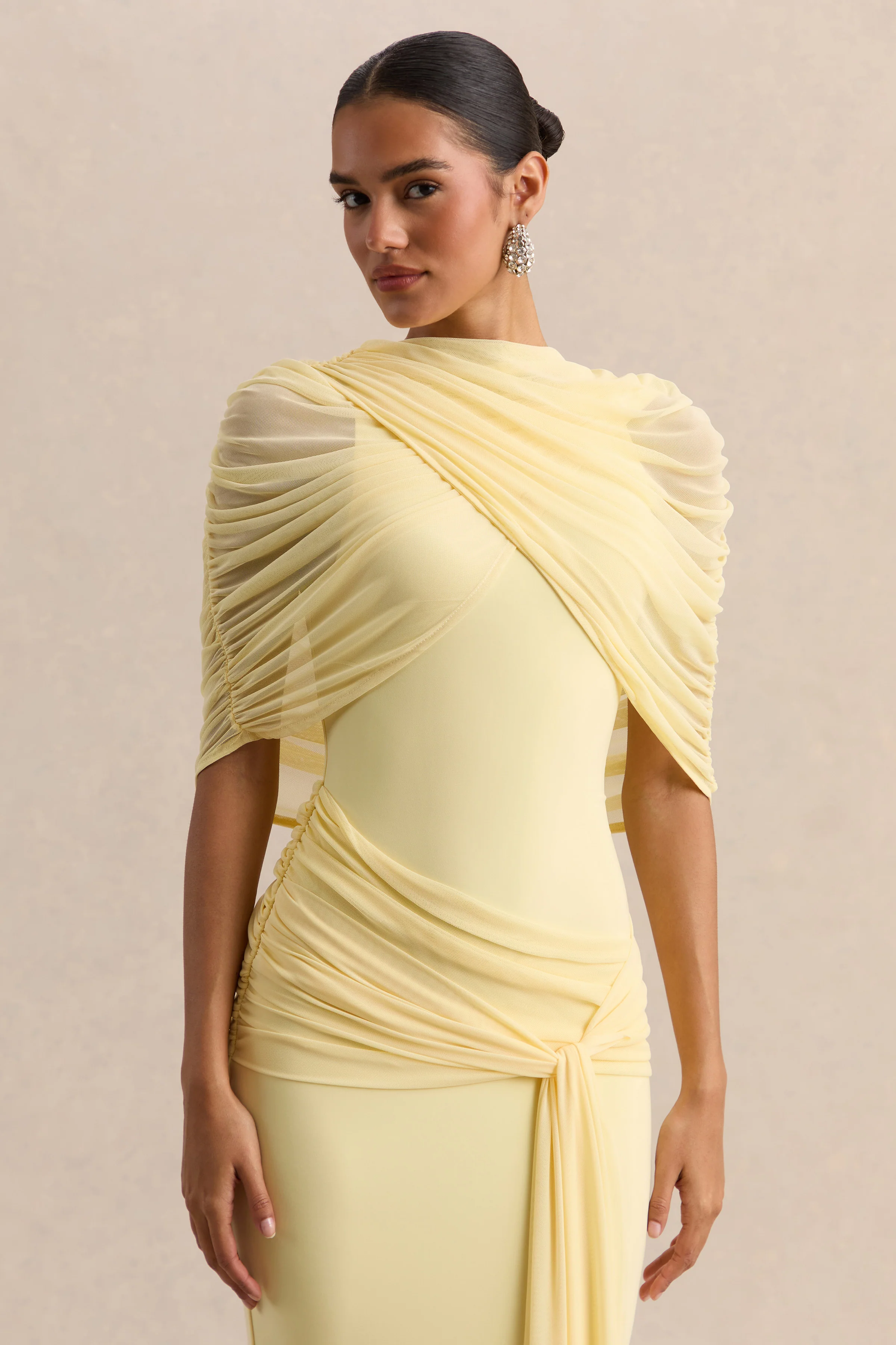 Mirene | Lemon Round-Neck Maxi-Dress With Gathered-Detailing And Sash