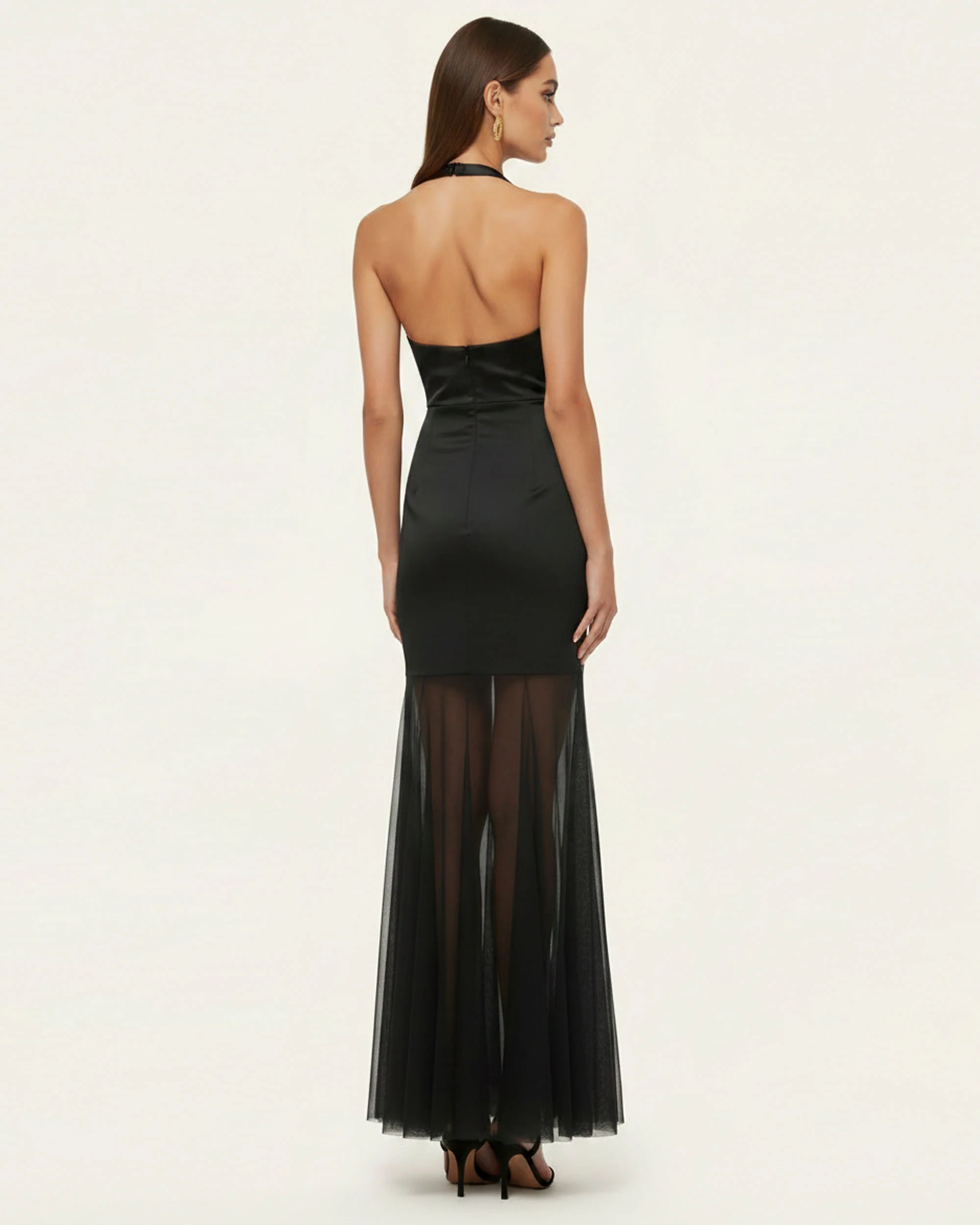 Orchid Embroidered Sheer Hem Halter Maxi Dress-  Black Purple