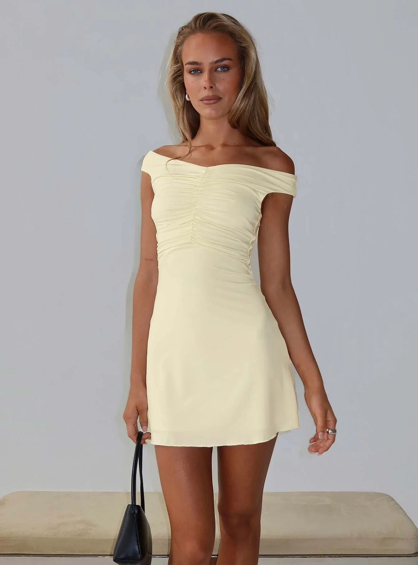 Keera Off Shoulder Ruched Mini Dress Butter