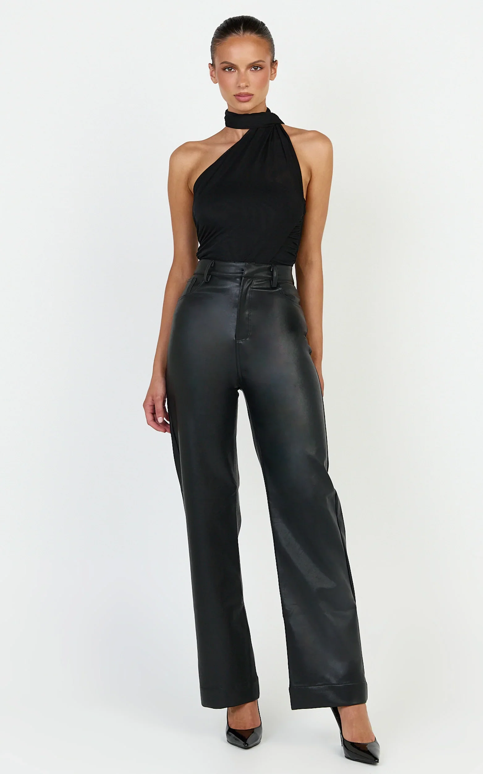Lucienne Bodysuit - One Shoulder Draped Scarf Bodysuit in Black