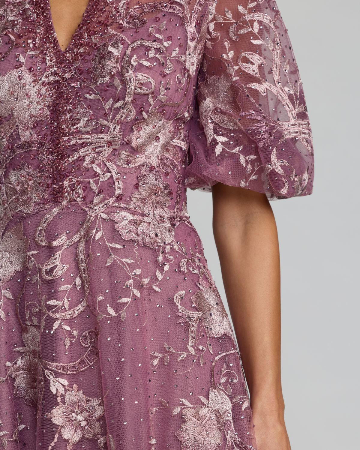 Purple Queen Anne Puff Sleeve Embroidered A-Line Gown