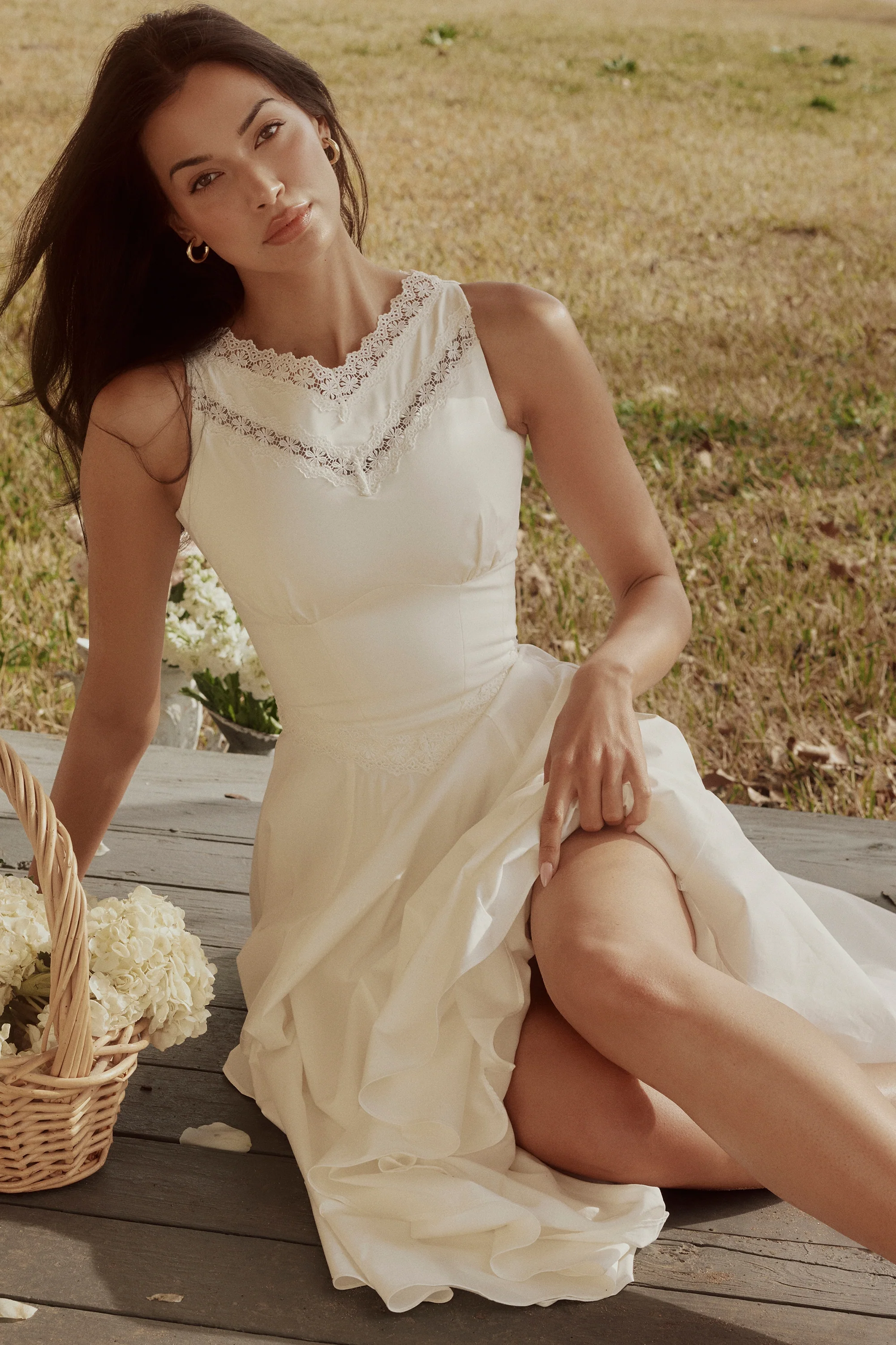 white cotton lace trim waist cinch midi dress - luluinthesky