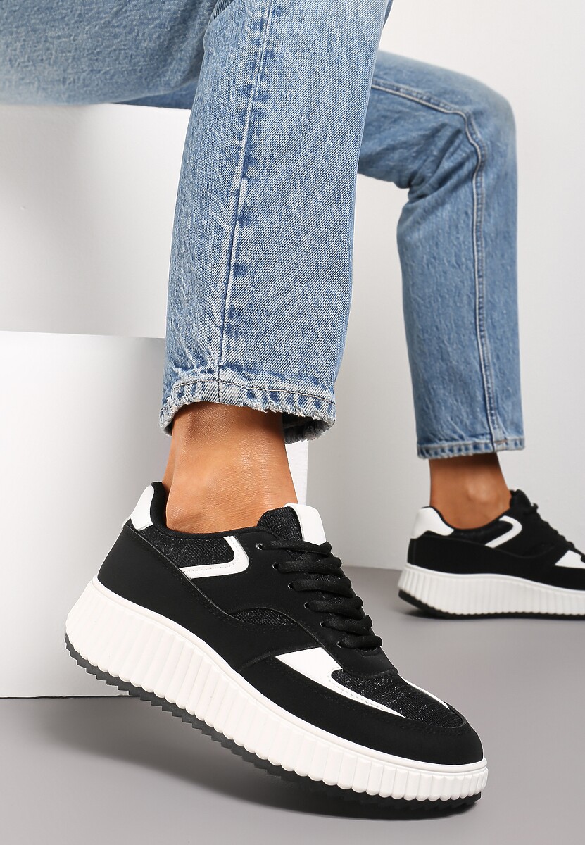 Czarne Sneakersy na Ozdobnej Grubej podeszwie z Brokatem Gelnia