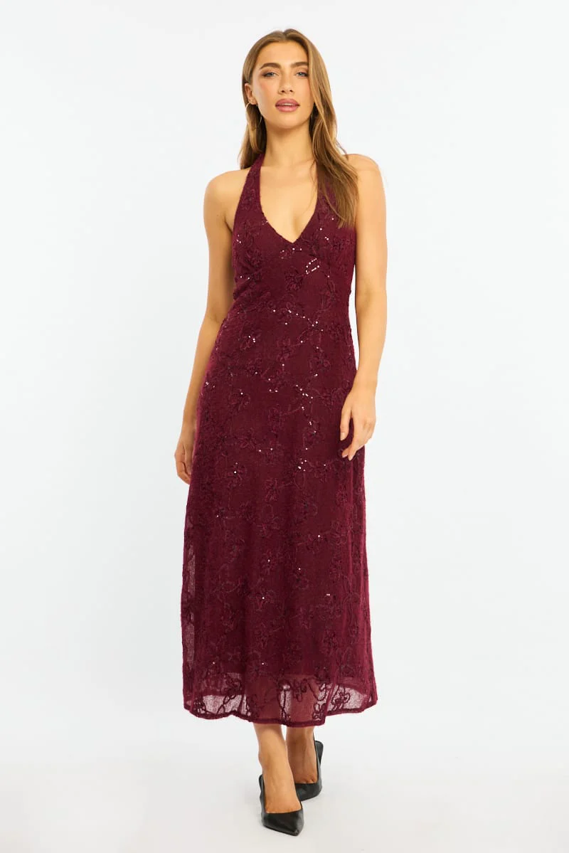 Red Midi Dress Halter Neck