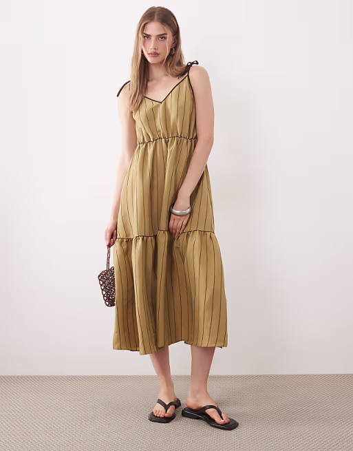 tie detailing tiered maxi dress with tipping in olive