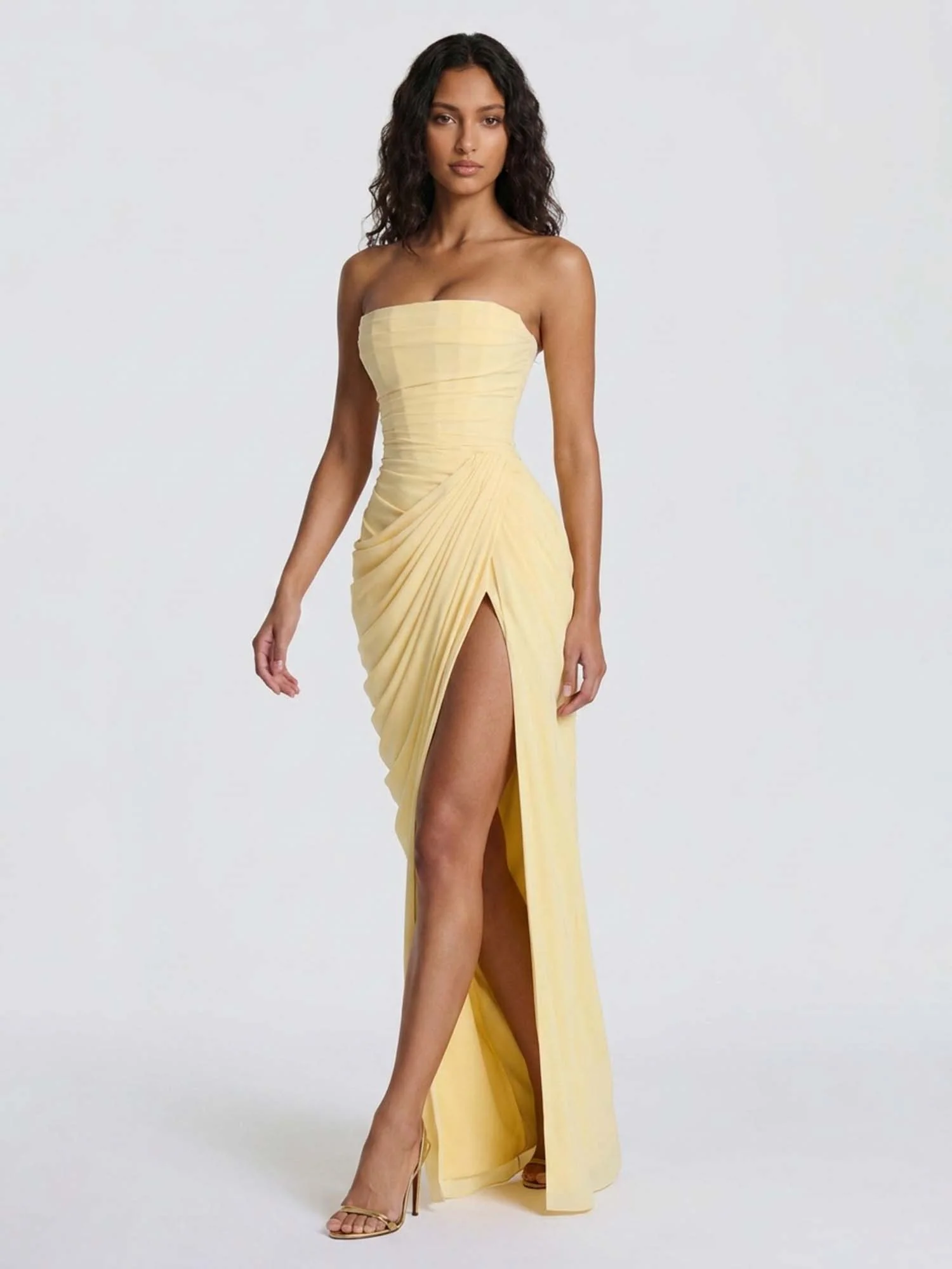 Yellow Ruched Strapless Maxi Dress