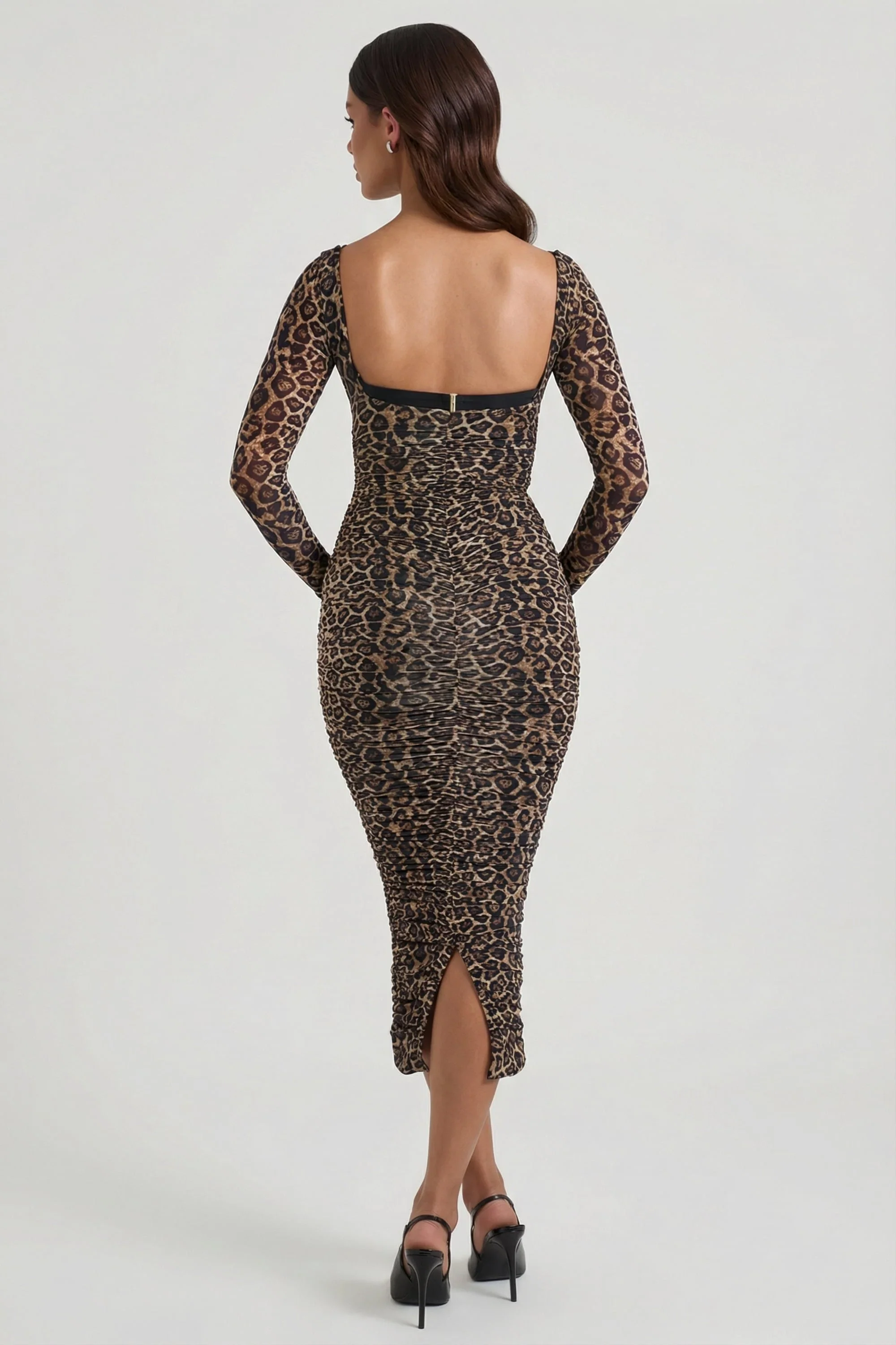 Layered Bra-Detail Ruched Midaxi Dress in Leopard Print