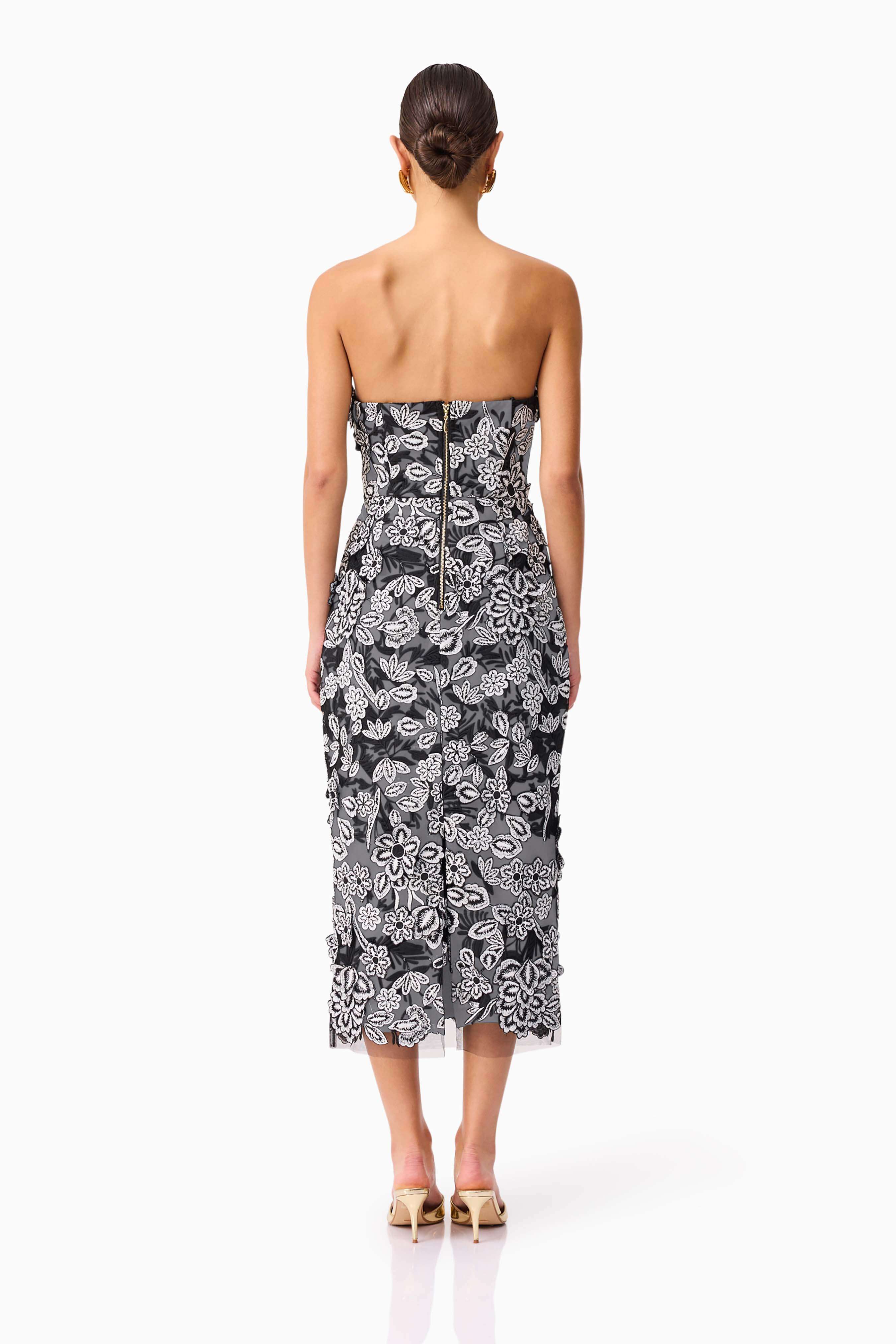 Roseate Strapless Midi Dress in Black