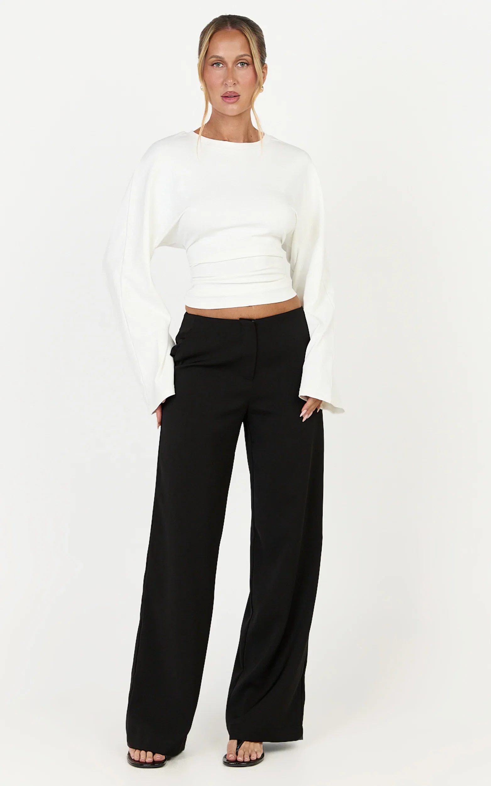 Aurelia Top - Cinched Waist Long Sleeve T Shirt in Off White