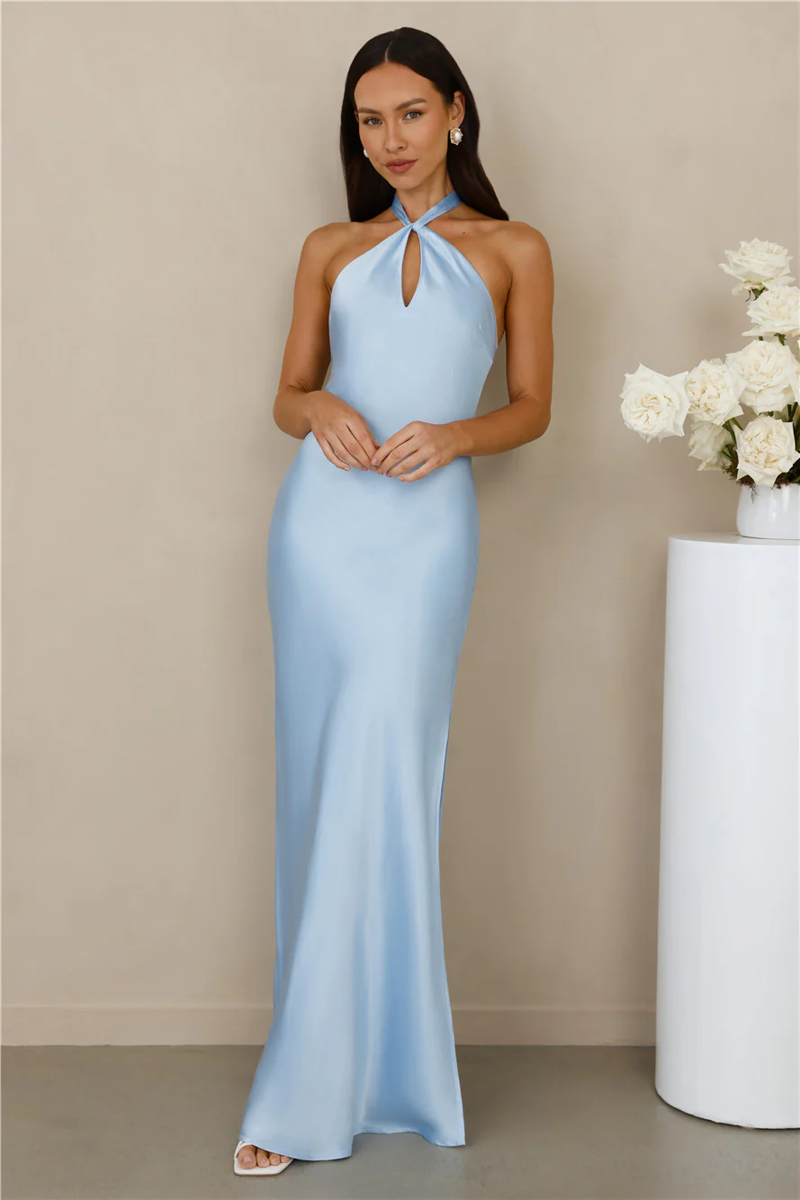 The Delilah Satin Halter Maxi Dress Blue