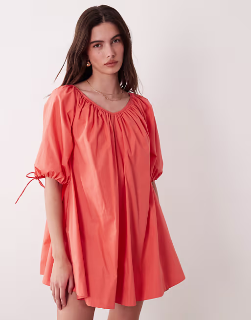 scoop neck poplin mini dress with tie sleeves in coral