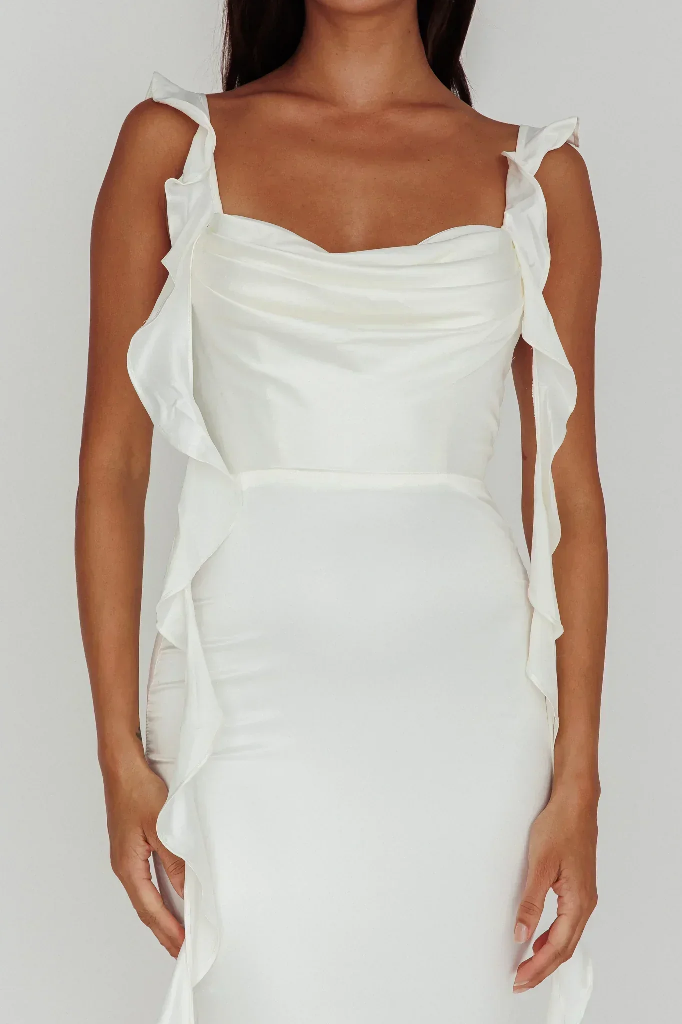 Blushing Ruffle Trim Midi Dress Oyster