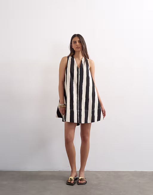 Topshop poplin halter deep hem mini trapeze dress in mono stripe