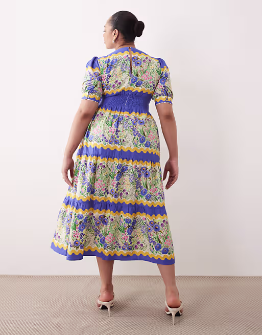 Hope & Ivy Plus v-neck puff sleeve midi smock dress in blue and yellow floral print