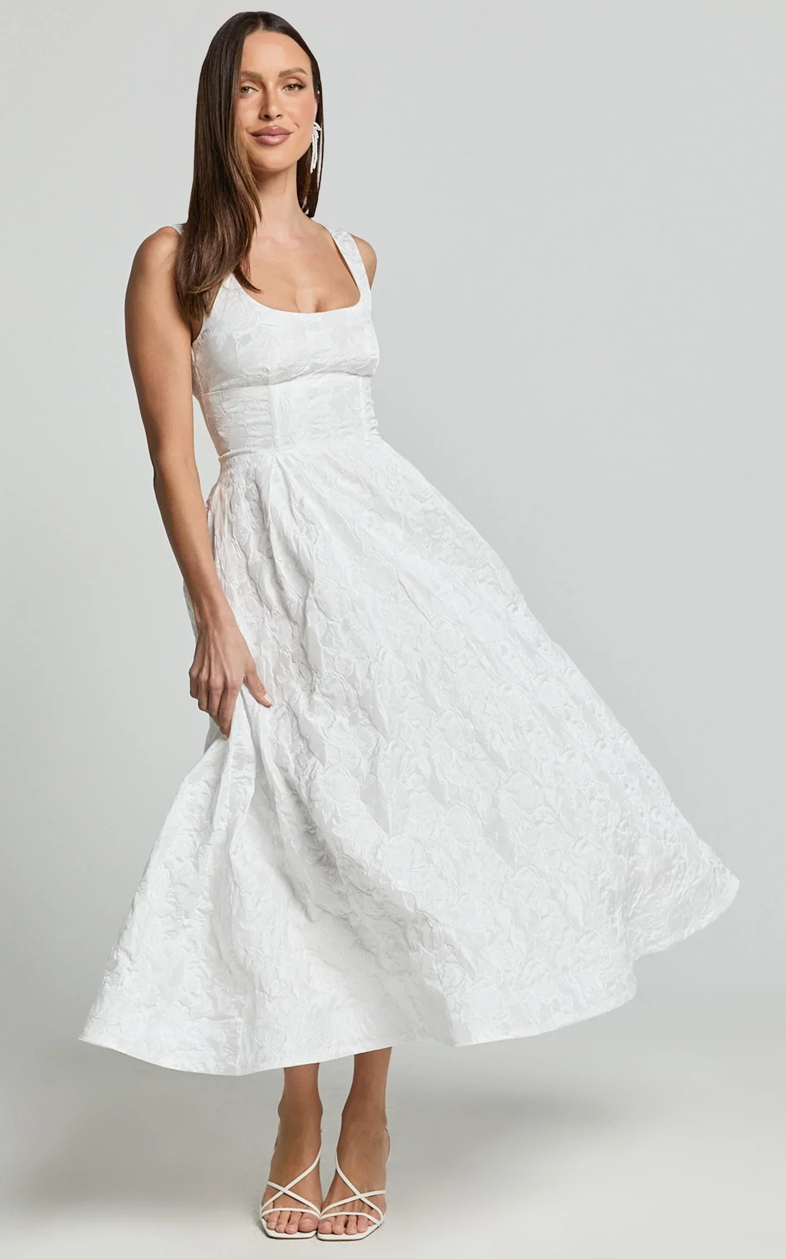 Georgine Midi Dress - Square Neck Fit And Flare Jacquard Dress In Ivory