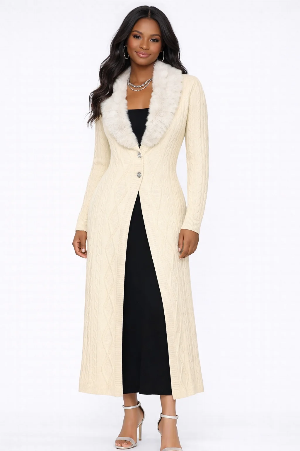Faux Fur-Collar Cable Knit Longline Cardigan