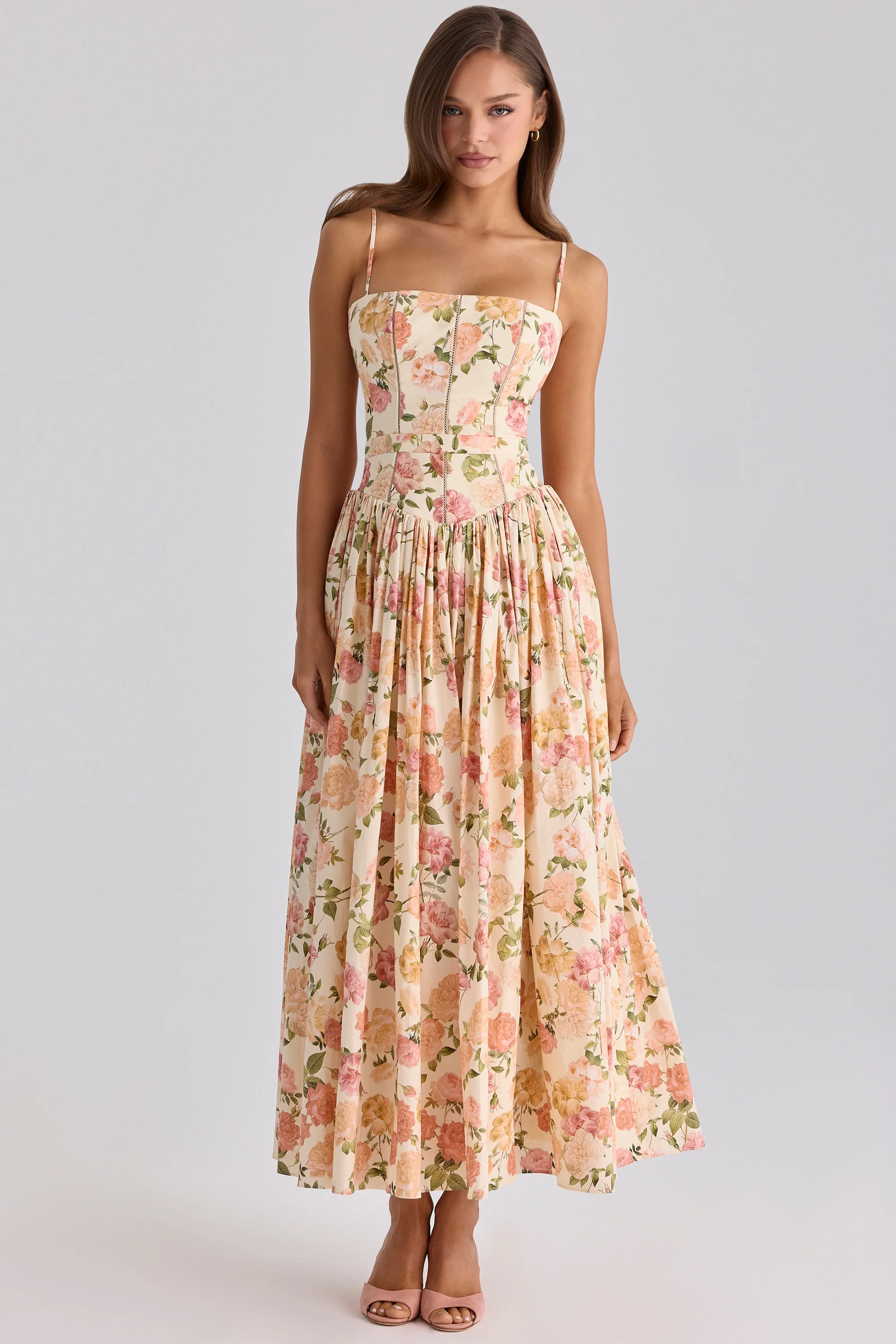 Warm Rose Print Cotton Midi Sundress