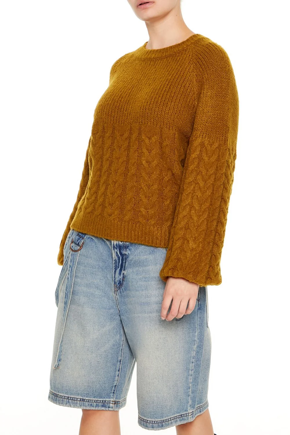 Peasant-Sleeve Cable Knit Sweater