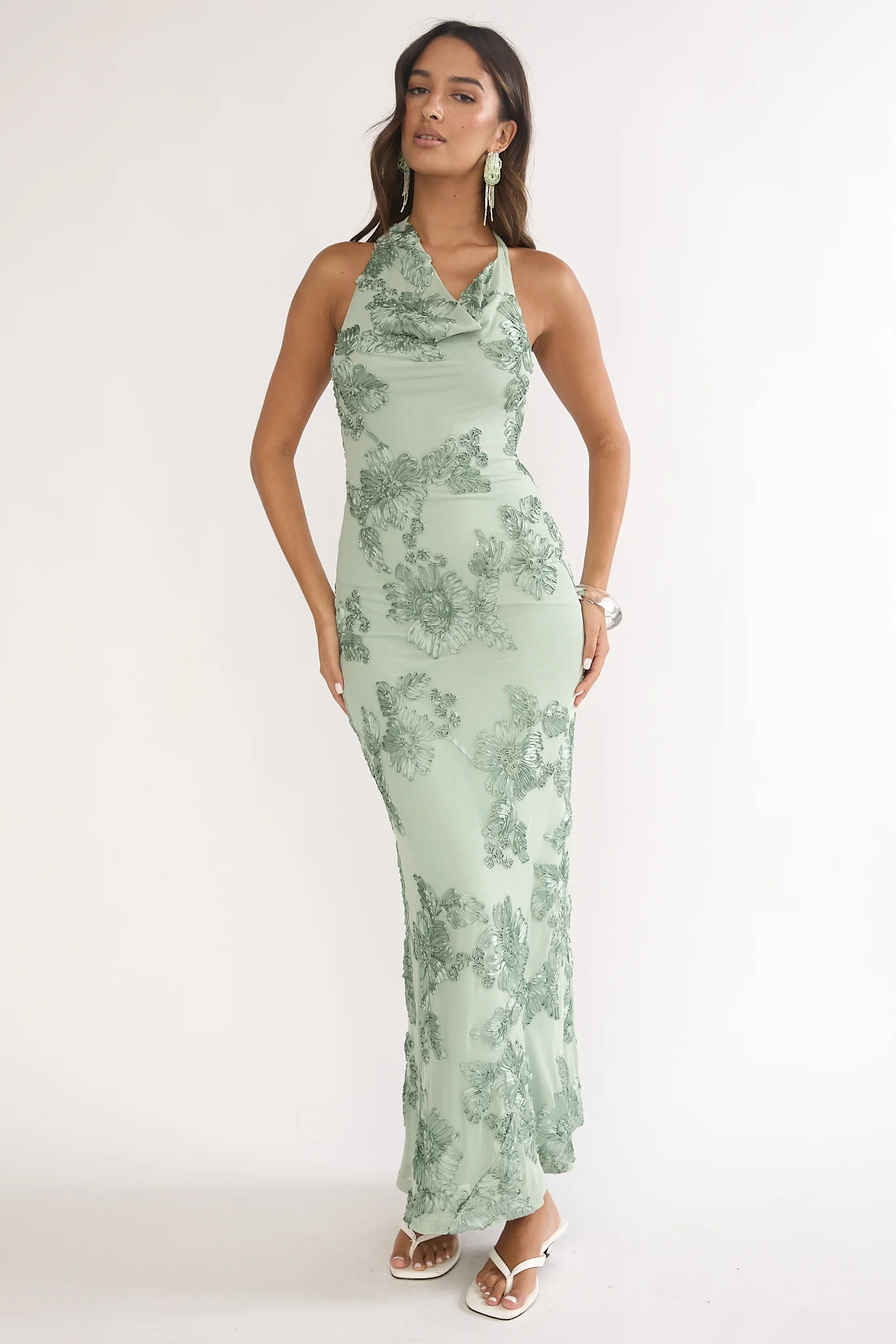 Kirralee Asymmetric Halterneck Embellished Maxi Dress Aqua Green
