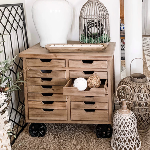 Rustic Rolling Wooden Cabinet with Drawers