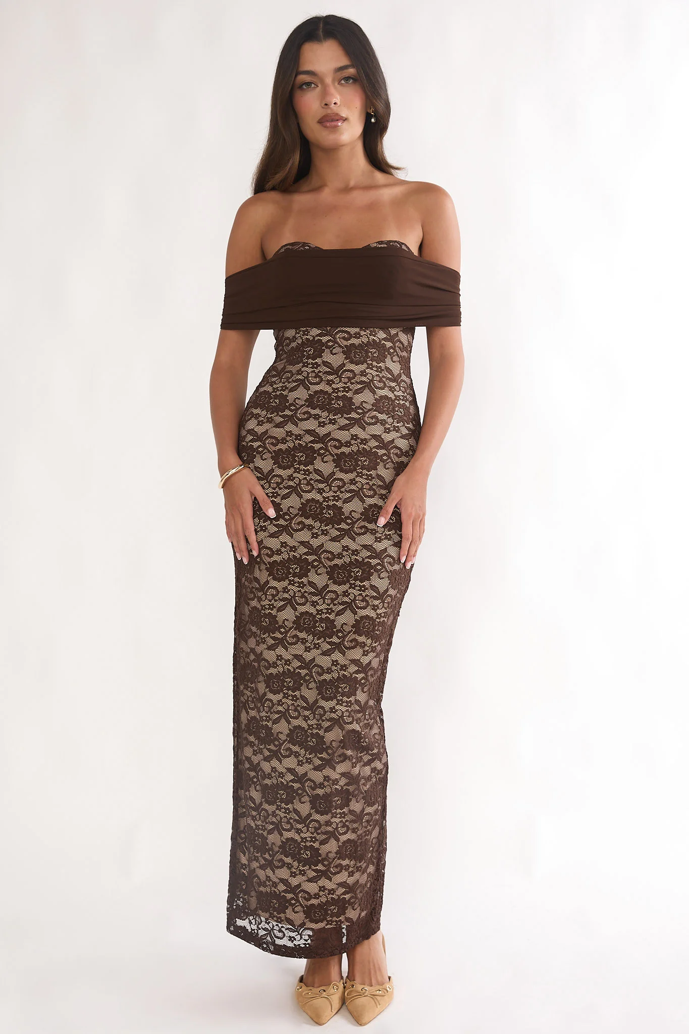Jewelene Off-Shoulder Maxi Dress Lace Chocolate