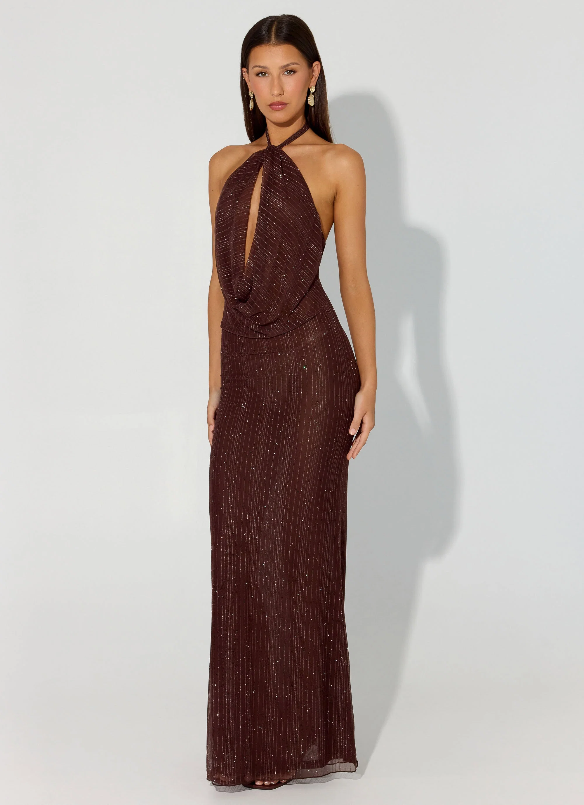 Haylan Sparkle Mesh Maxi Dress - Chocolate