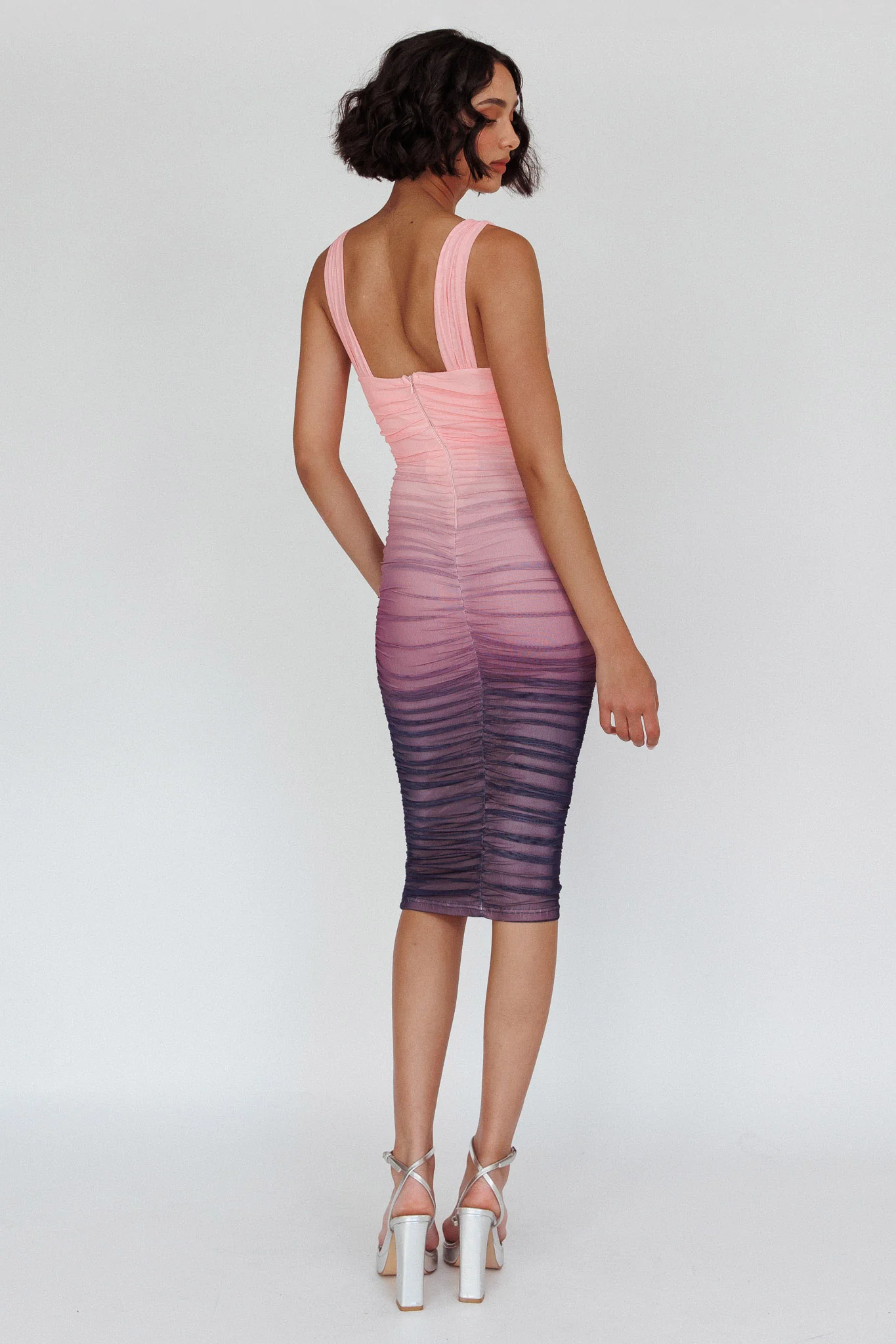 Nadia Ruched Midi Dress Gradient Pink