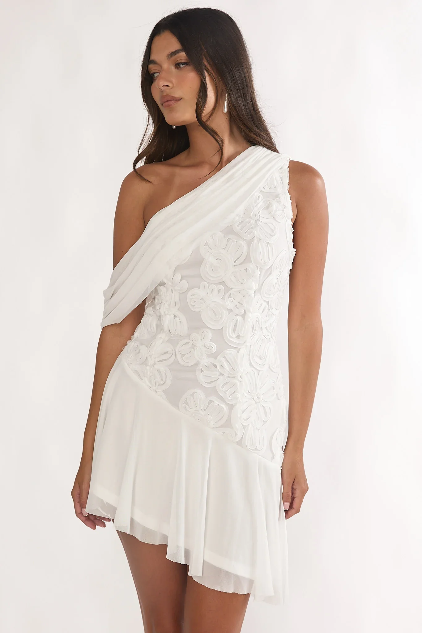 Anaisa One-Shoulder Draped Mini Dress Embellished Off White - luluinthesky