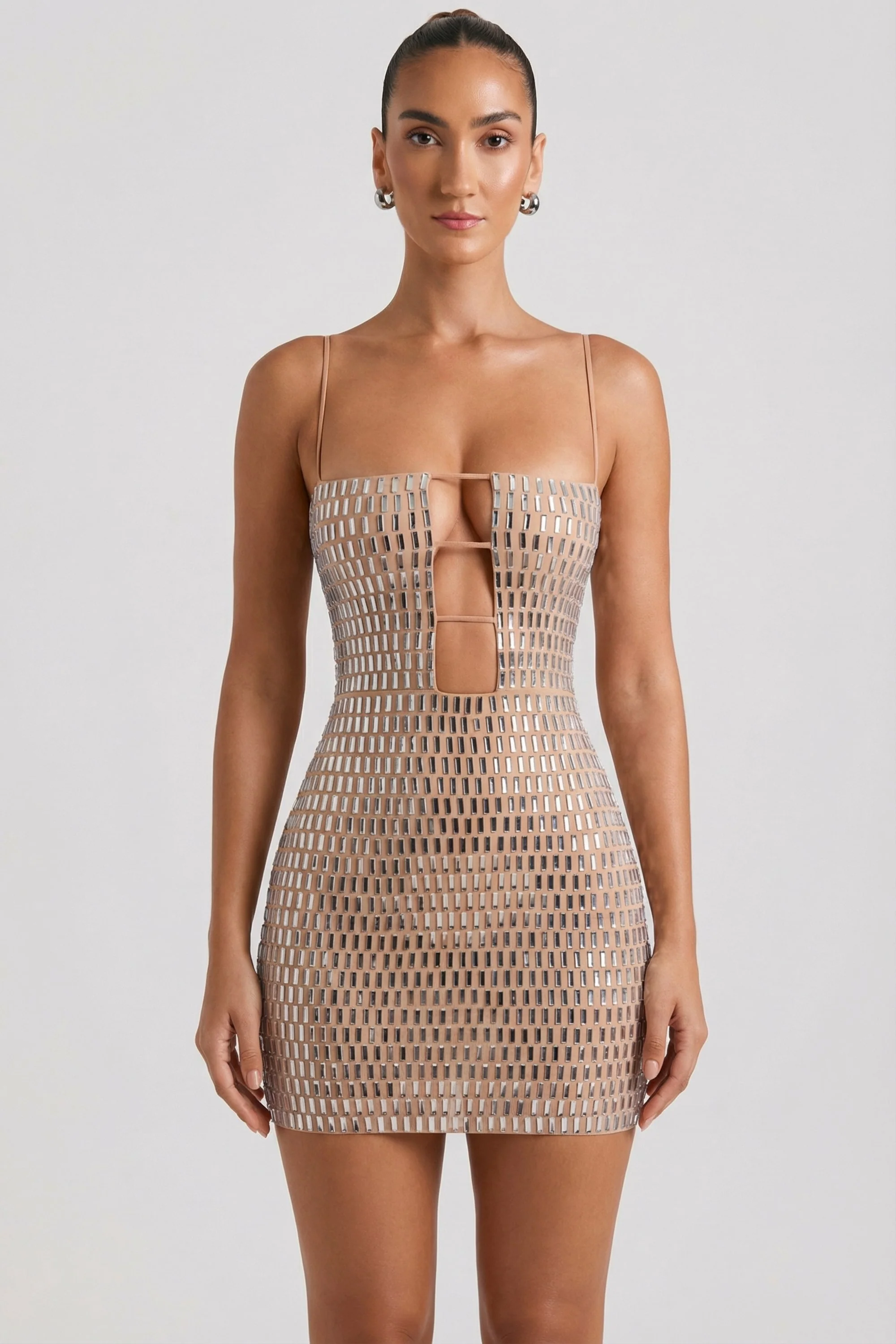 Embellished Cut-Out Mini Dress in Honey