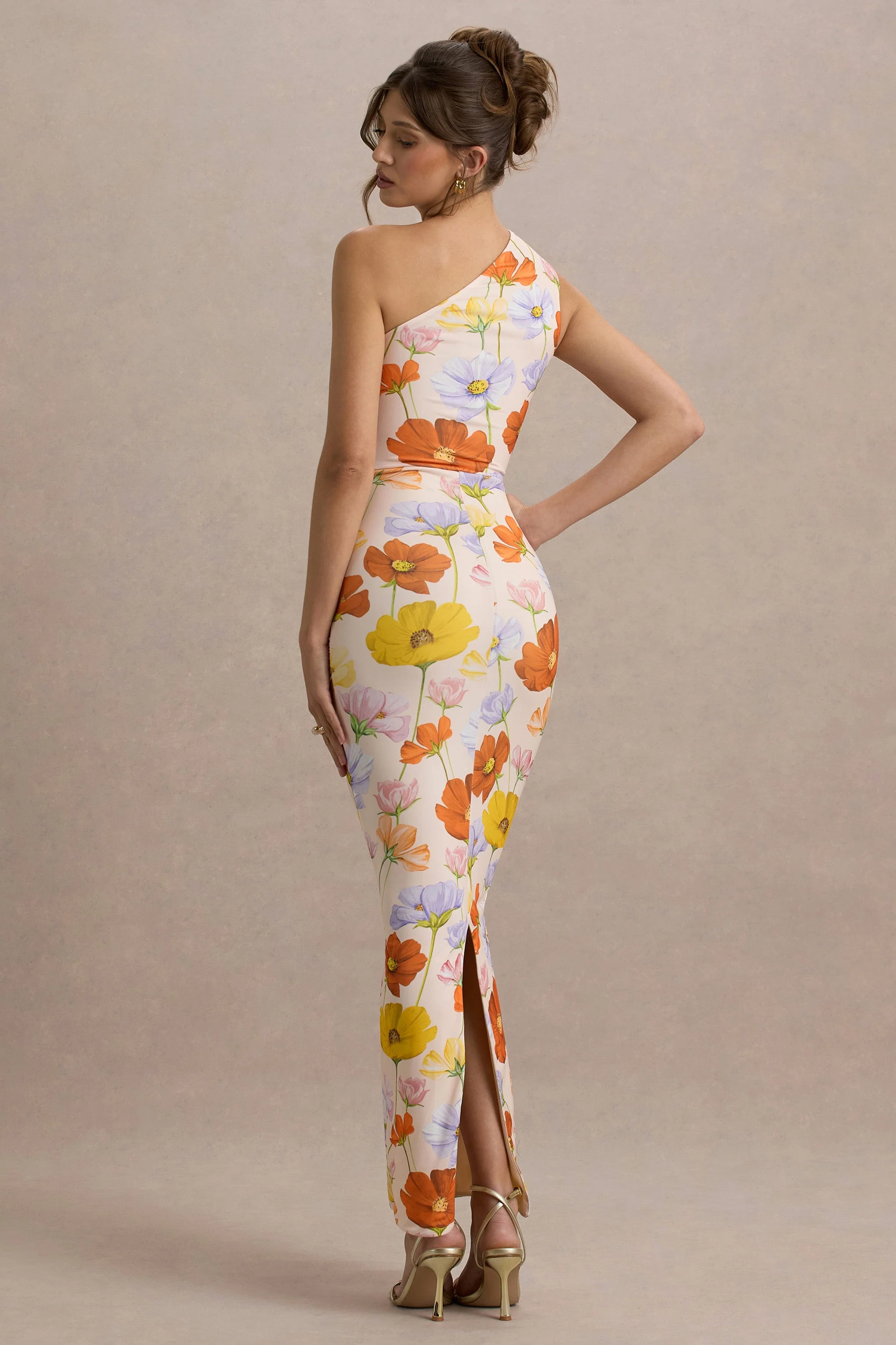 Dalarie | Bright Floral Print One-Shoulder Gathered Maxi Dress