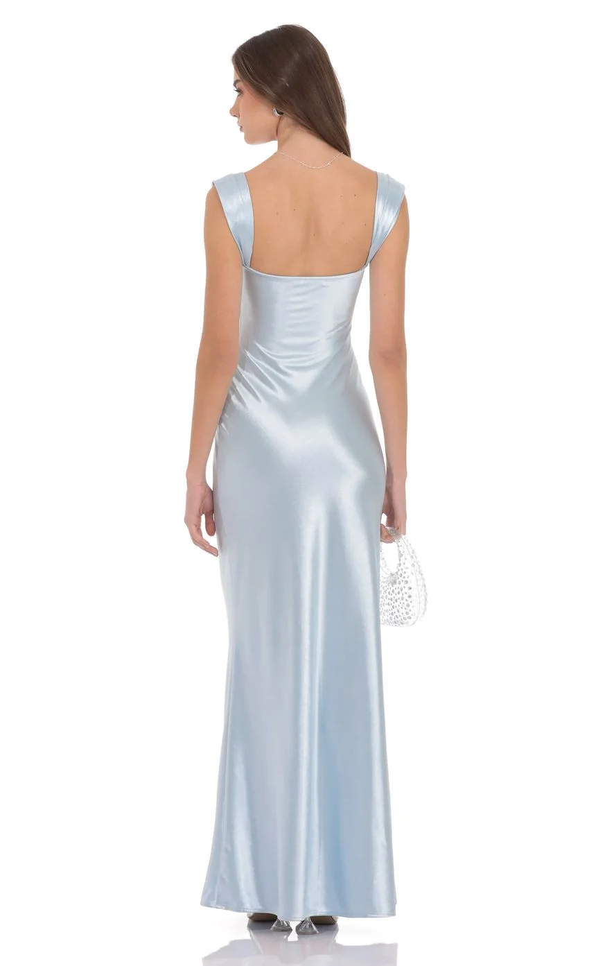 Satin Lace-Bust Maxi Dress in Light Blue