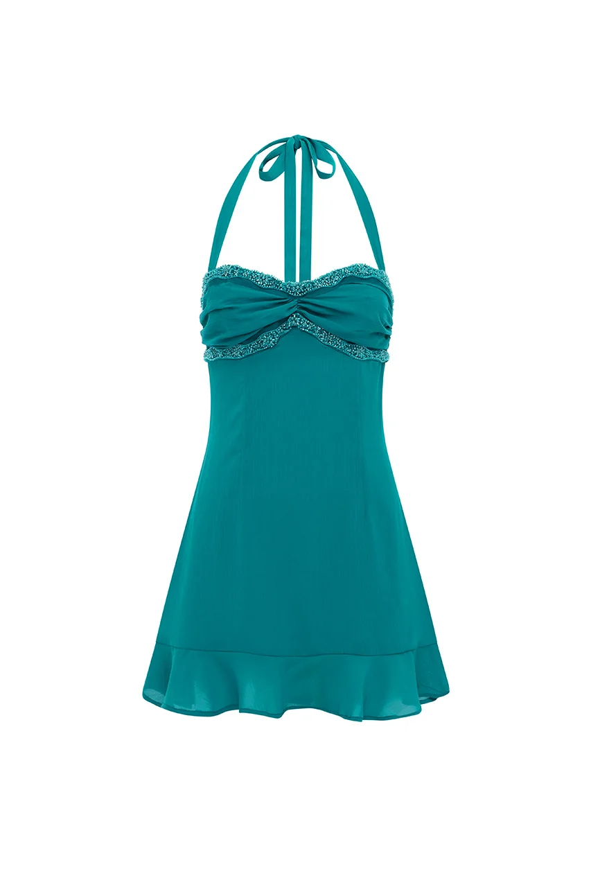 WAKE HALTER MINI DRESS - OCEAN