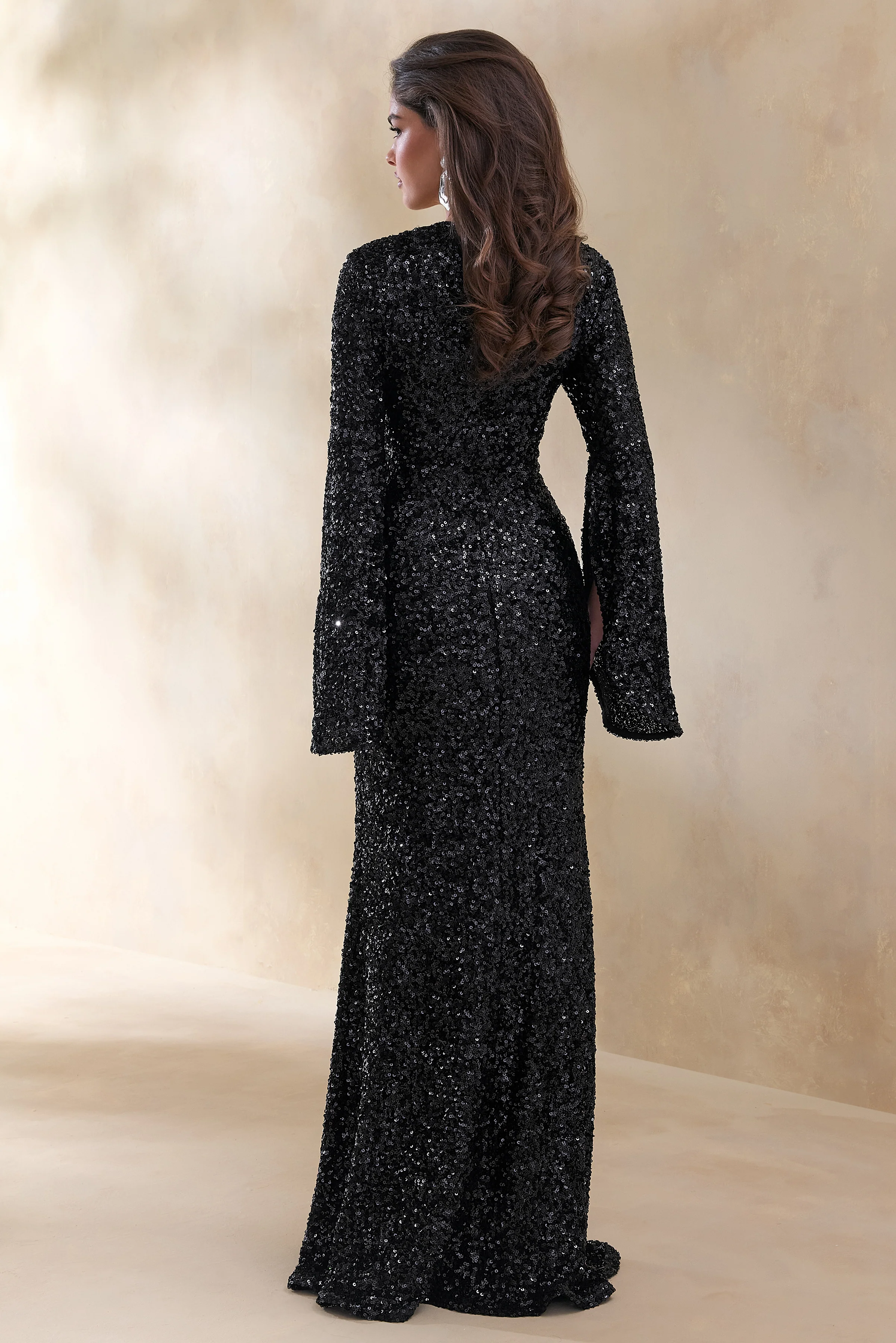 Romea | Black Sequin High-Neck Maxi Dress With Cape Sleeves