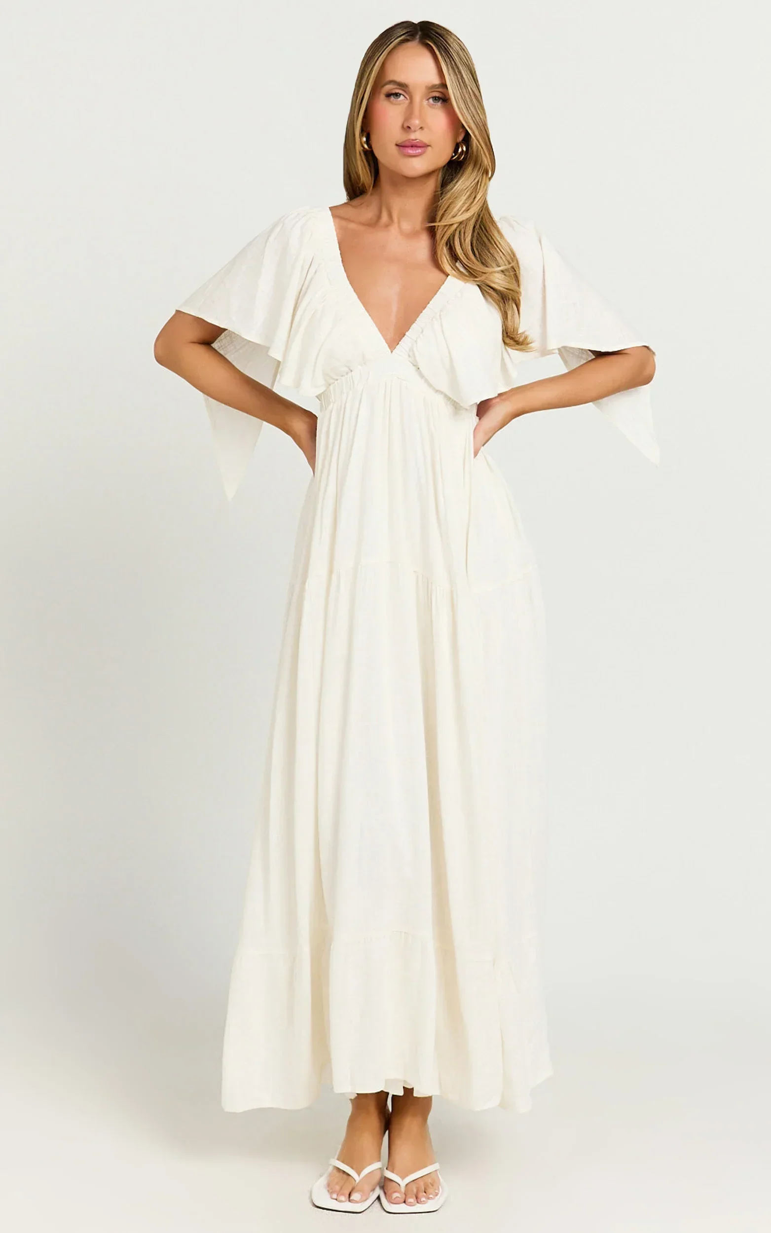 Lyrad Midi Dress Linen Empire Waist Textured Dress in White - luluinthesky