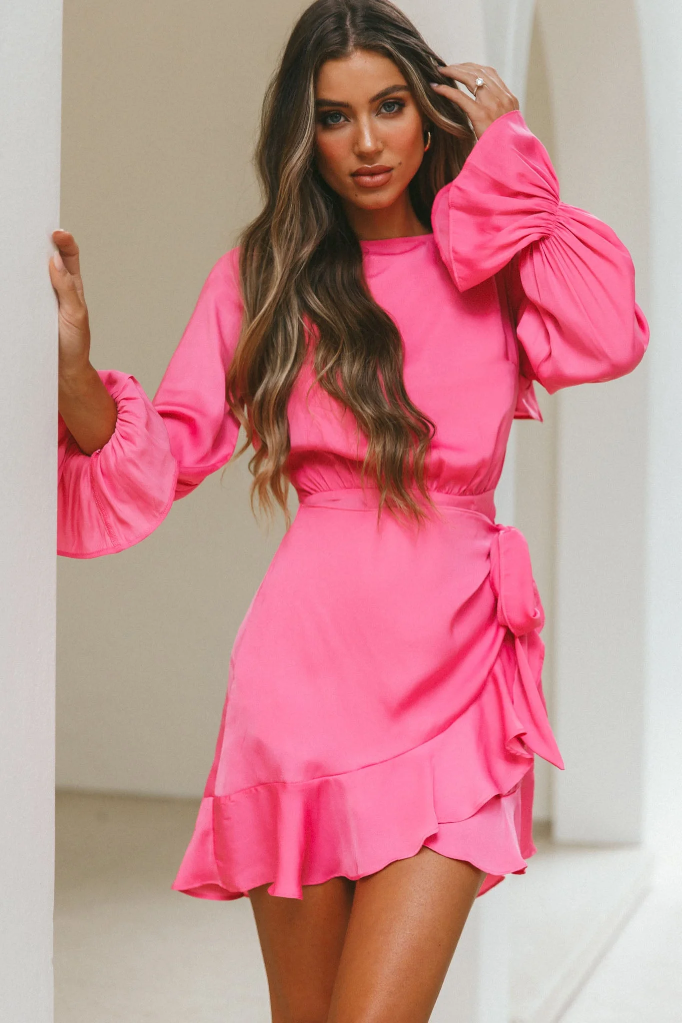Darla Long Sleeve Satin Dress Hot Pink - luluinthesky