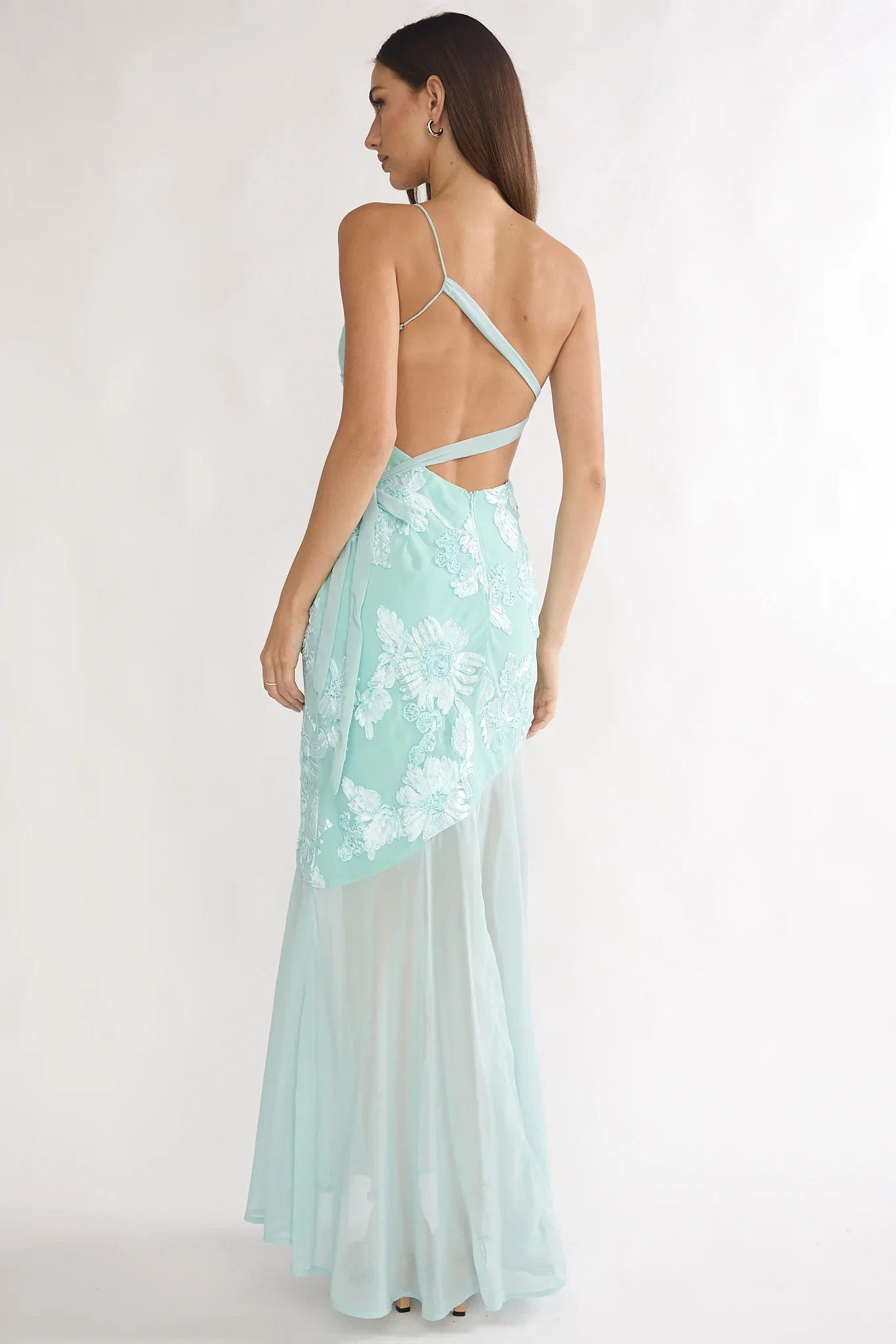 Mireya One-Shoulder Sheer Hem Maxi Dress Aqua