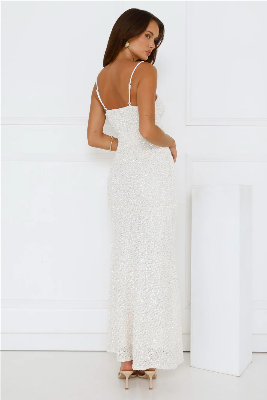 Love Wild Sequin Maxi Dress White - luluinthesky