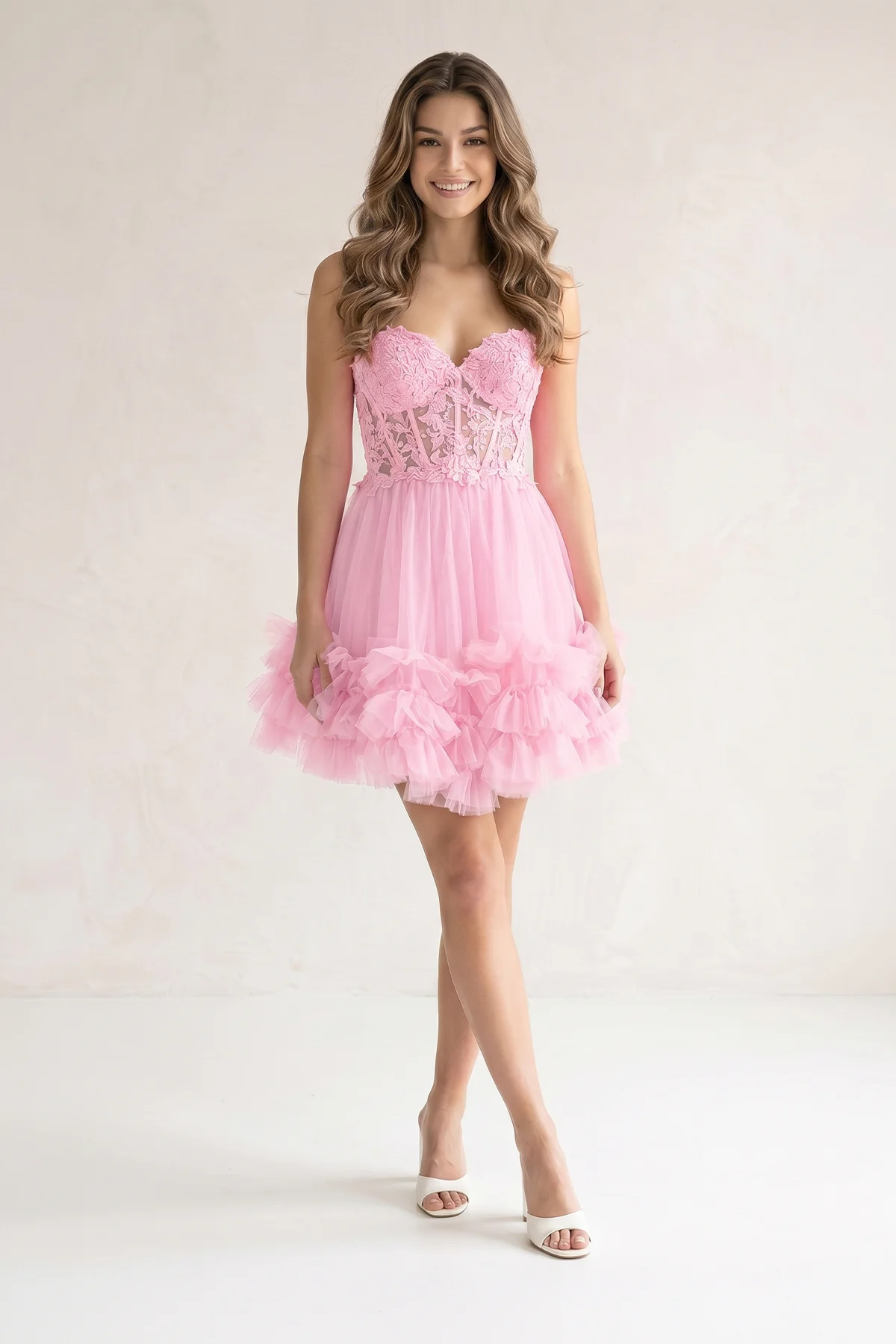 Pink A-Line Sweetheart Ruffle Tulle Homecoming Dress With Appliques