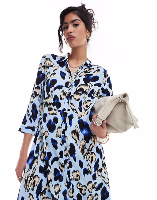 YAS maxi shirt dress in oversized blue leopard print