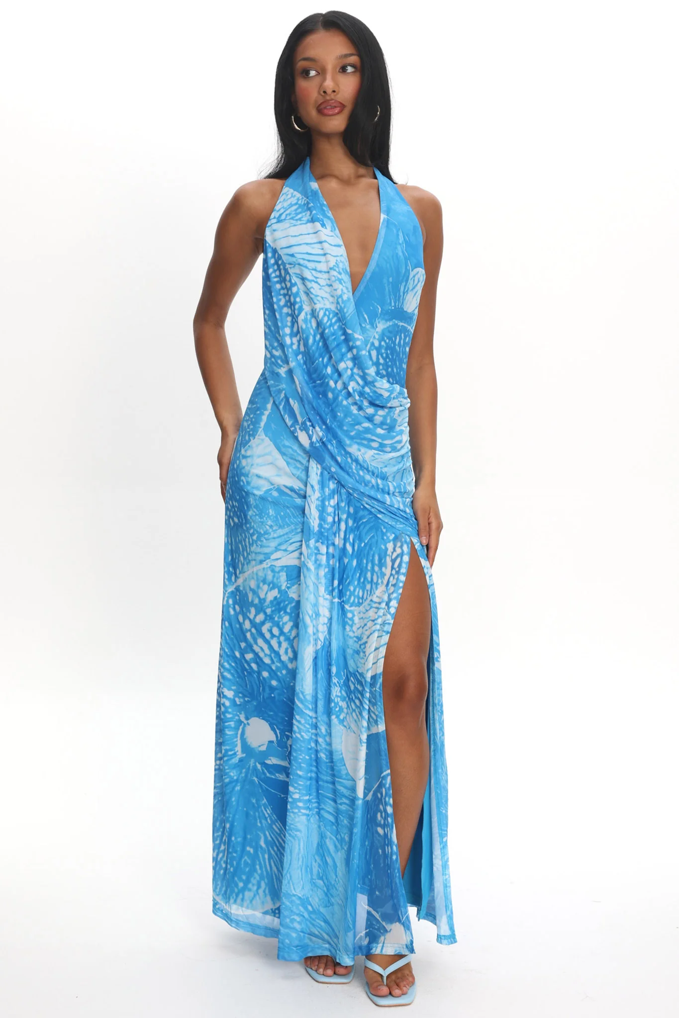Palomino Plunging Halter Maxi Dress Print Blue - luluinthesky