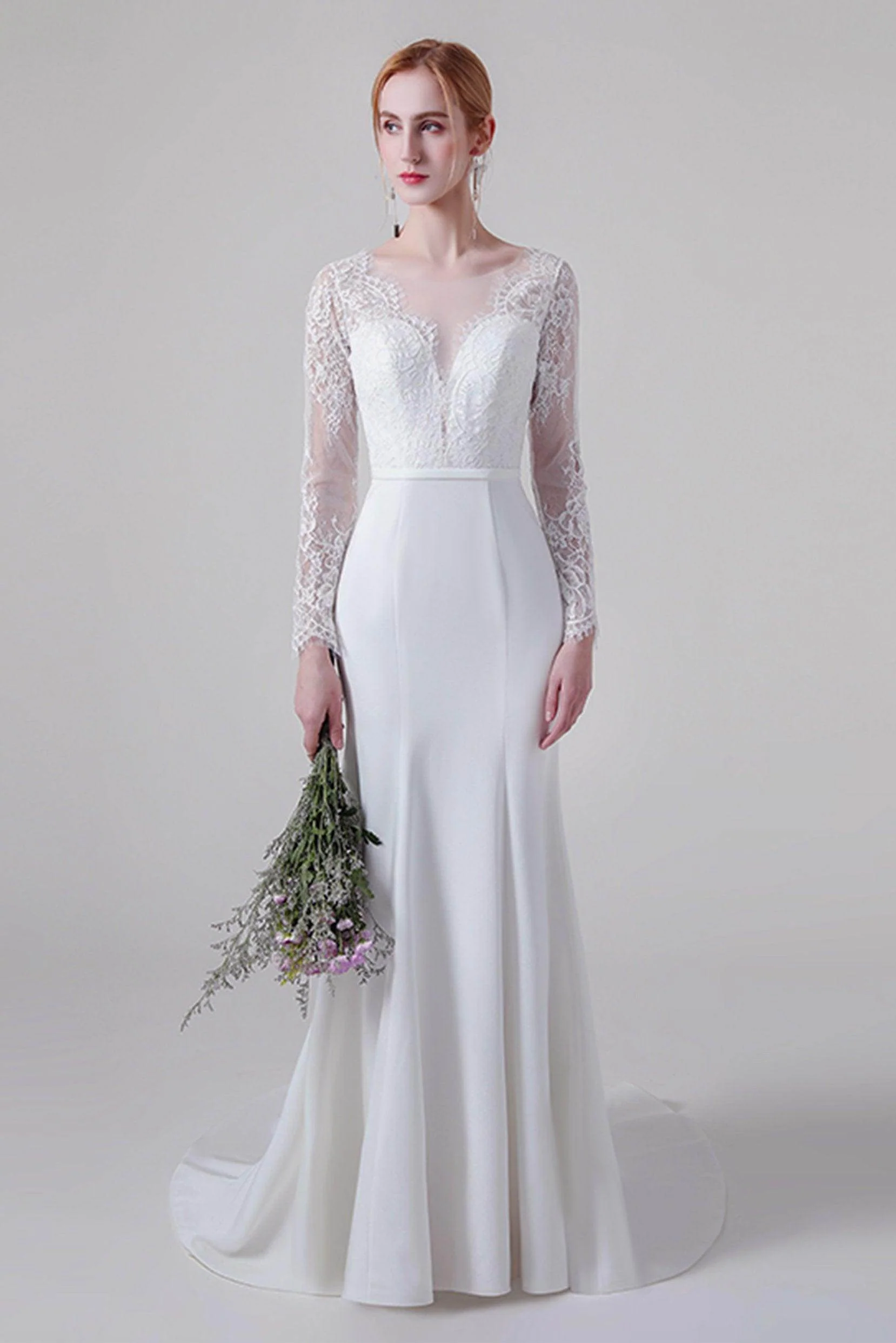 Trumpet Sweep-Brush Train Lace Elastic Cloth Wedding Dress CW2746