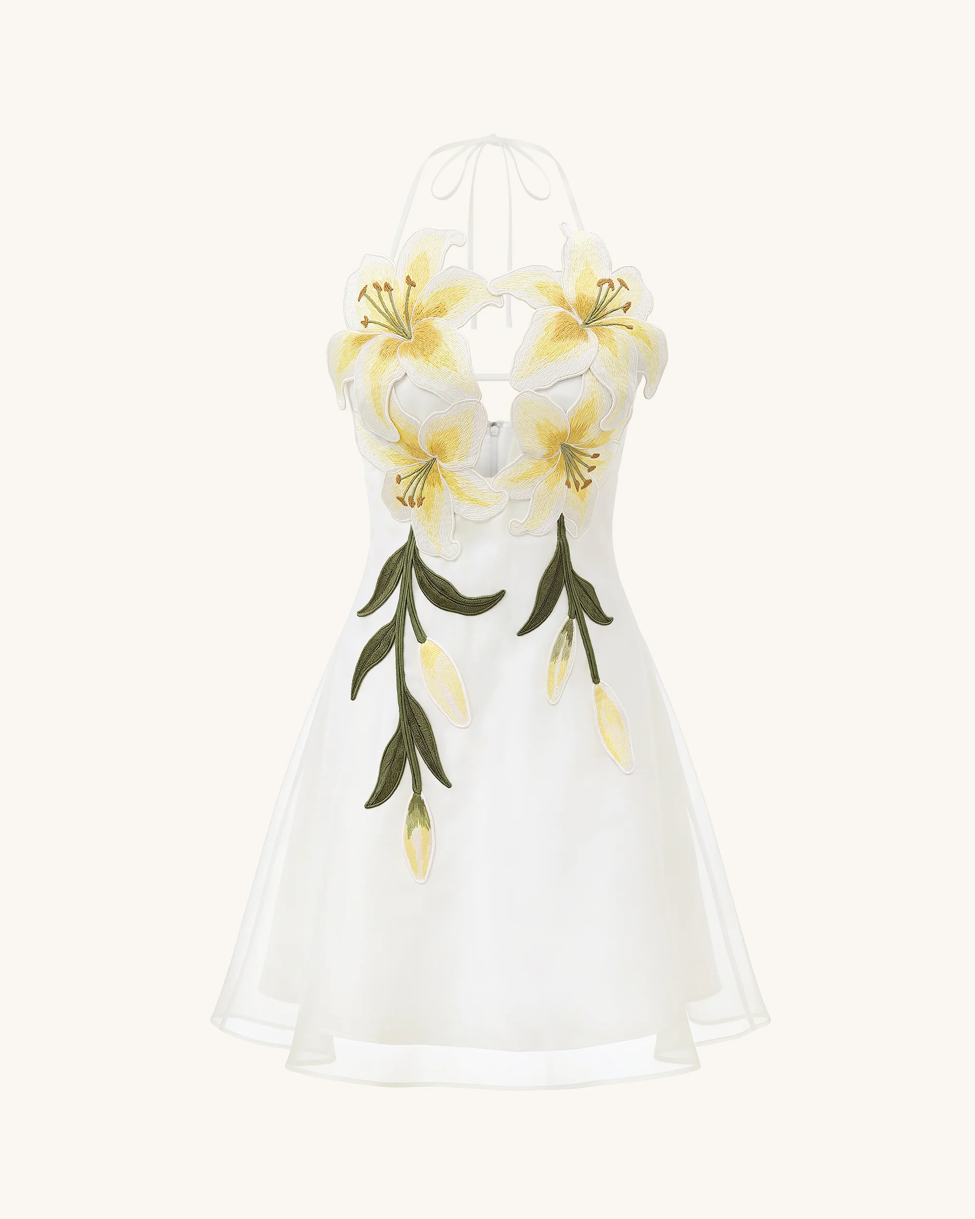 Lily-Embroidered Halter Mini Dress - White - FASHION NOB